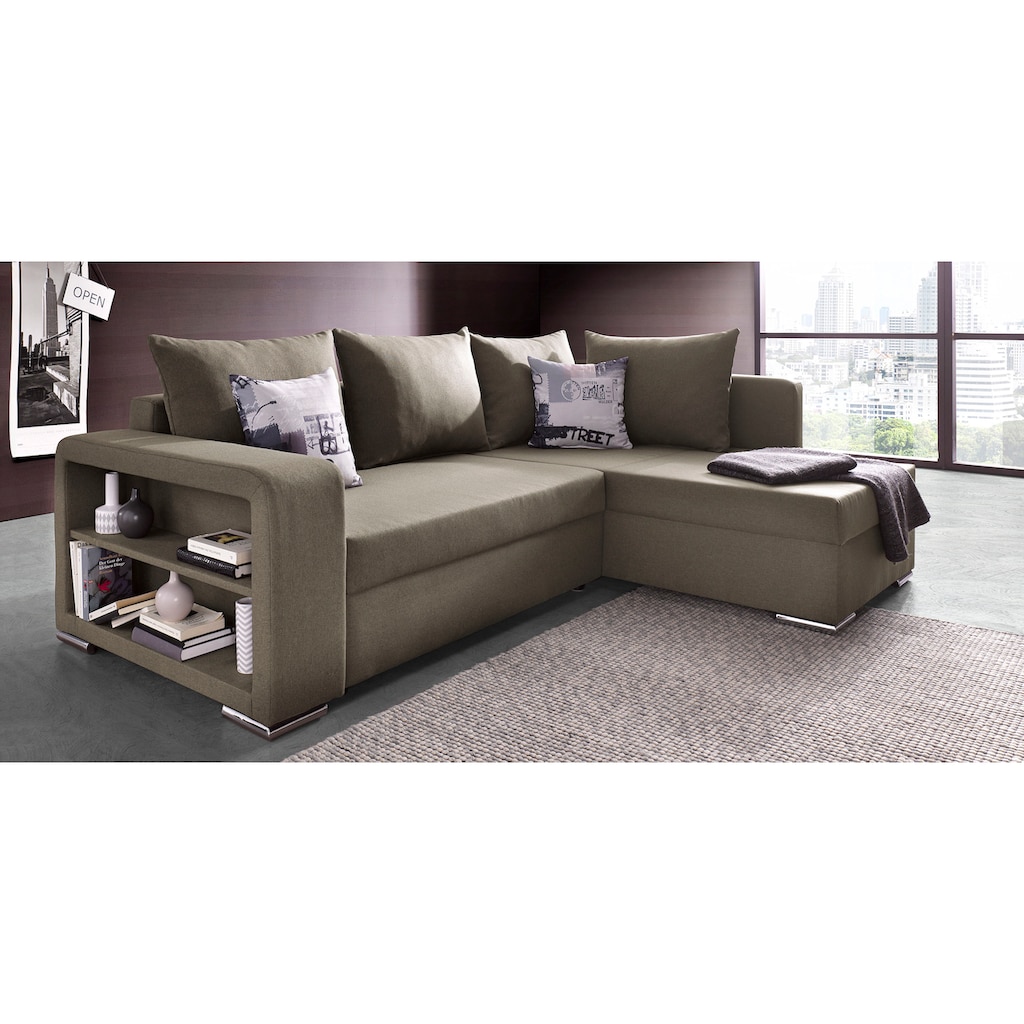 Ecksofa John mit Bettfunktion, Bettkasten und Regalarmteil