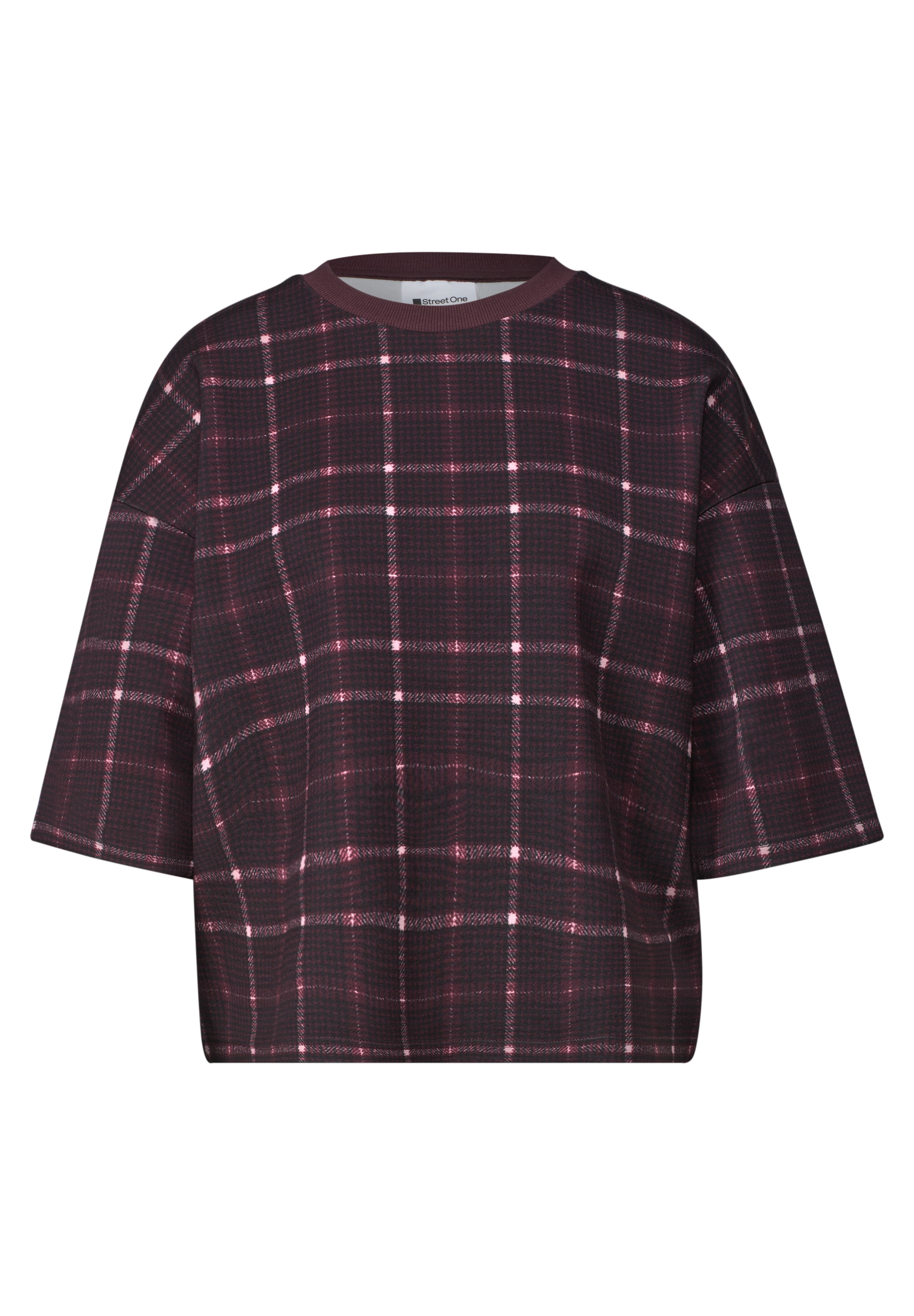 STREET ONE Sweater, Kurzarm Sommer-Sweatshirt / Kariert / Boxy Crewneck
