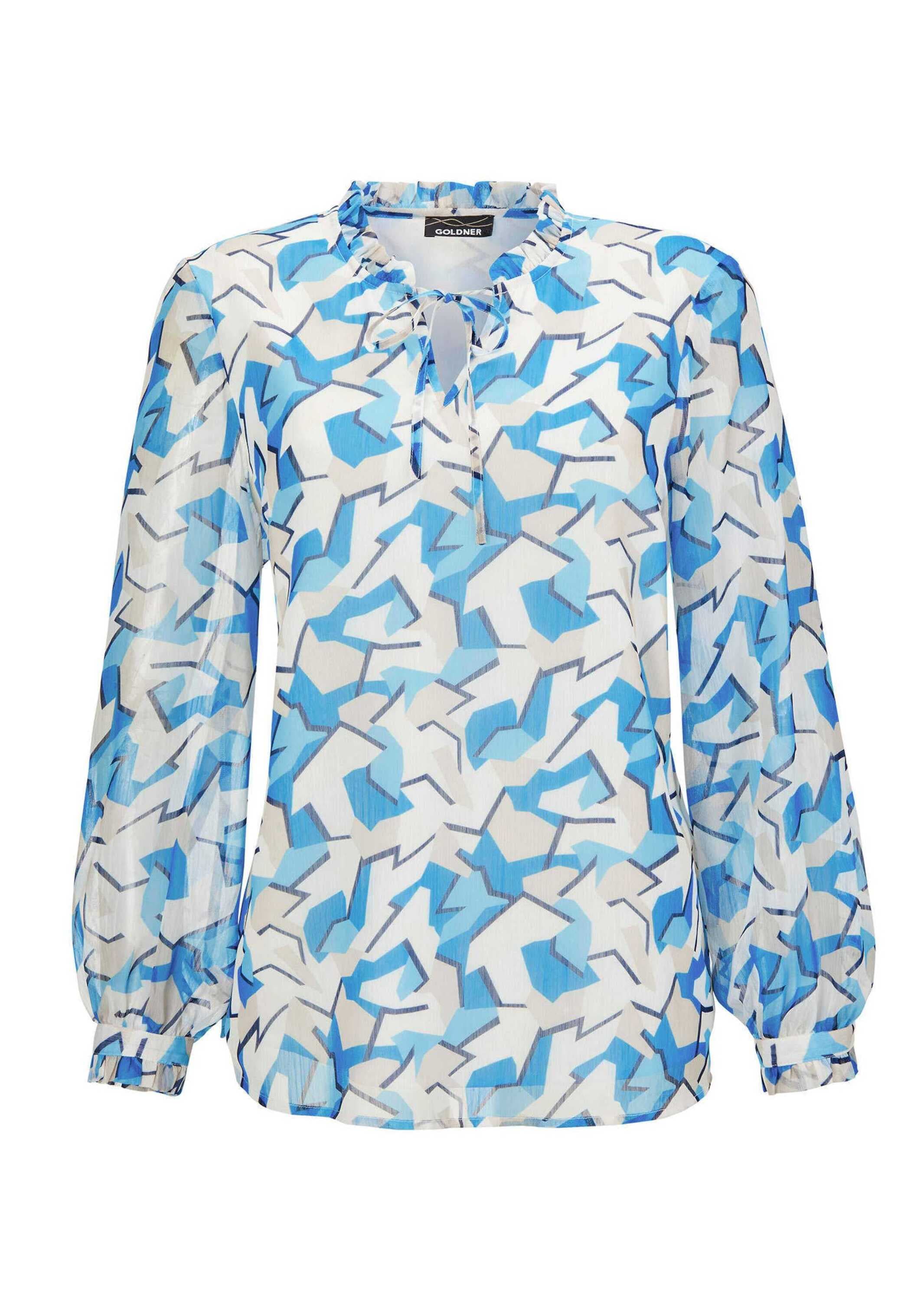 Chiffonbluse GOLDNER "Kurzgröße Bluse", Damen, Gr. 23, blau (blau, gemustert), Obermaterial: 100% Polyester PES., Manschette, Blusen Chiffonbluse, Mit femininen Rüschendetails