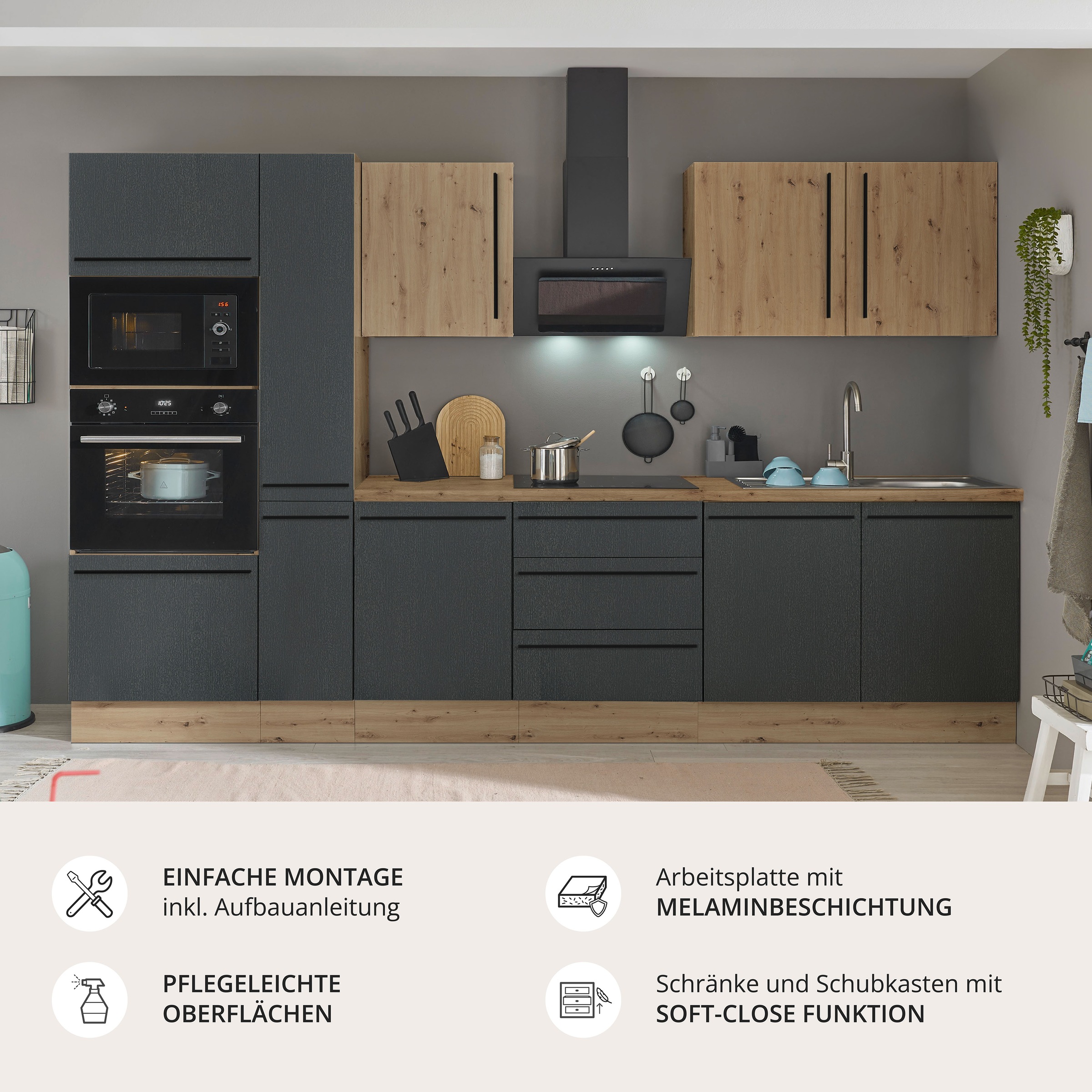 KOCHSTATION Küchenzeile »Florida« Breite 300 cm, wahlweise mit E-Geräten,Softclose für Türen/Schubkästen