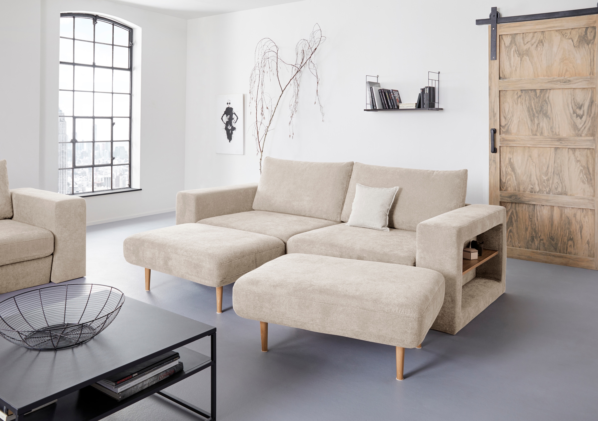 4-Sitzer »Looksvb«, Verwandlungssofa: aus Sofa wird Sofa mit 2 Hockern, mit Regalfunktion