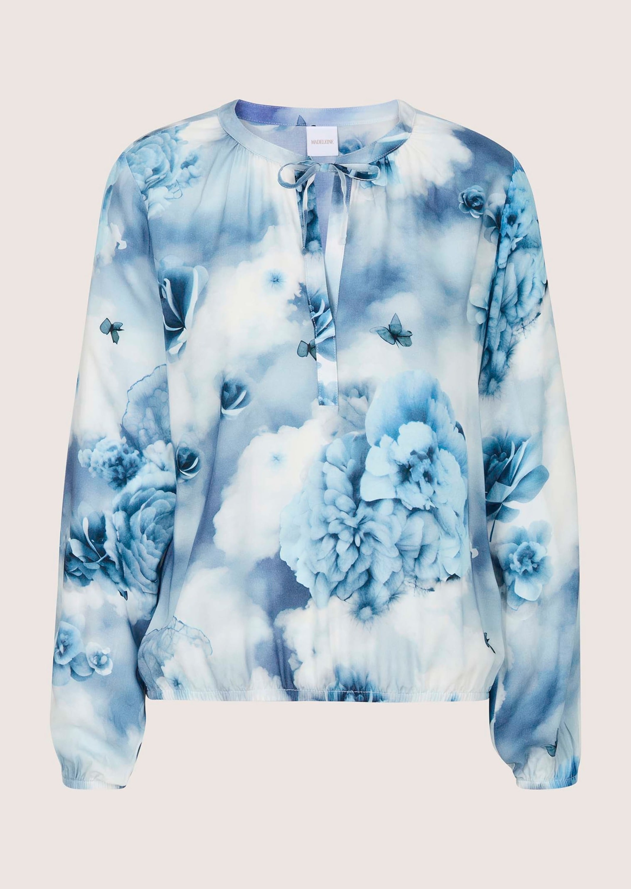 MADELEINE "Blusenshirt Druckbluse mit floralem Aquarellprint" Ausschnitt mit Bindeband