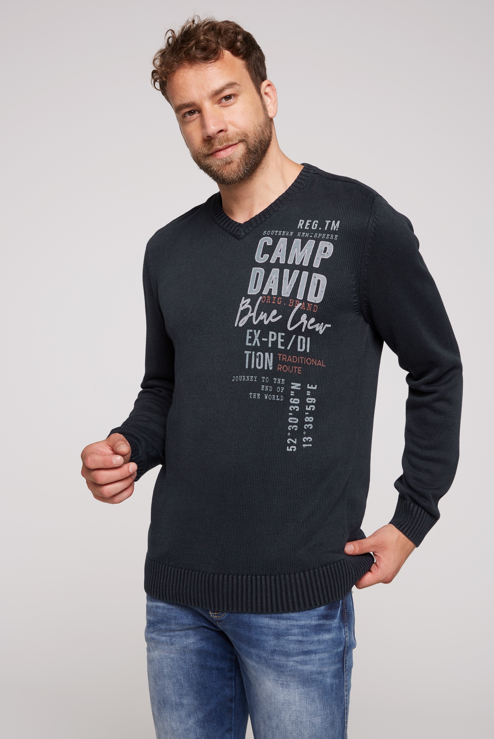 CAMP DAVID V-Ausschnitt-Pullover, aus Baumwolle