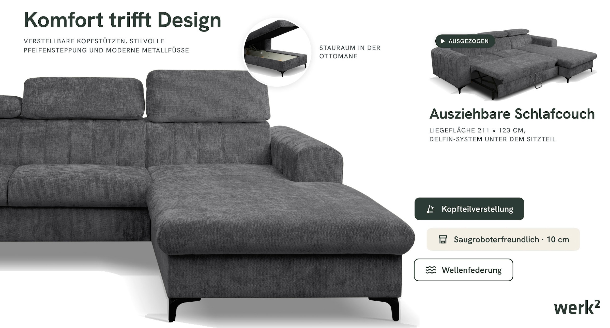 WERK2 Ecksofa »Foster inkl. Schlaffunktion & Bettkasten, bodenfrei, Chenille, bequem« 3 verstellbare Kopfstützen & Pfeifensteppung im Retro-Look, L-Form