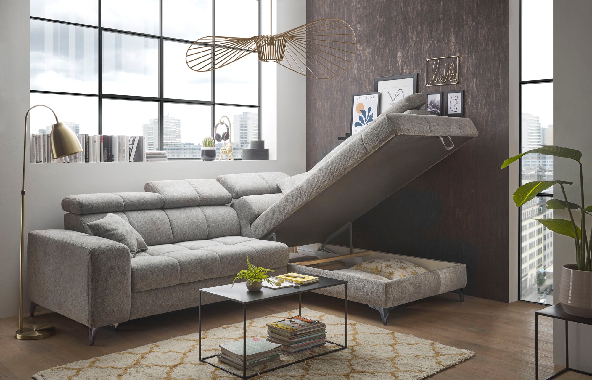 ED EXCITING DESIGN Ecksofa »Sydney L-Form mit Bettfunktion, Bettkasten, Kopfteilverstellung«, motorischer Sitztiefenverstellung, USB-Port & 2 Zierkissen