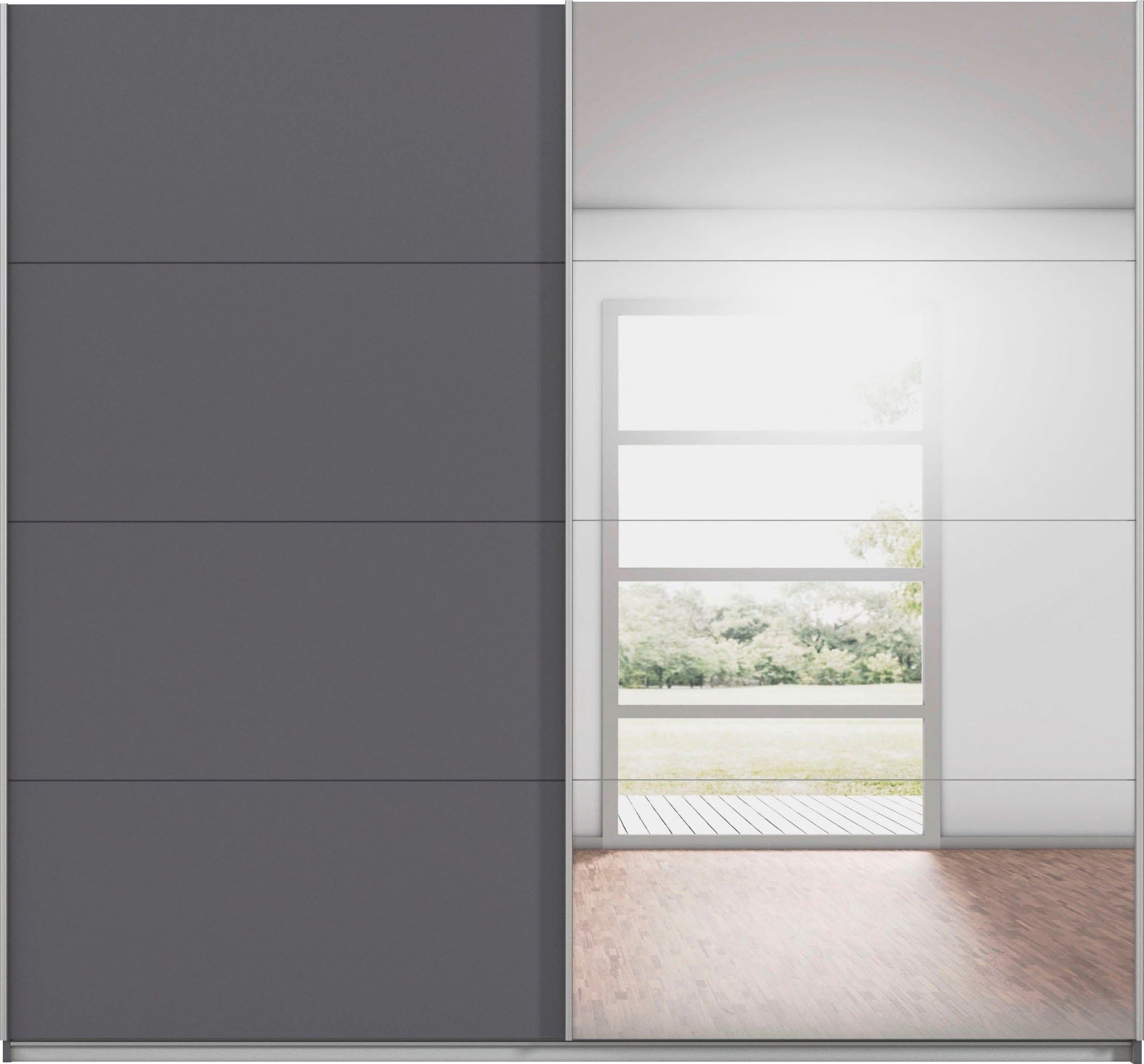 INOSIGN BY RAUCH Schwebetürenschrank »Kleiderschrank Schrank Garderobe Schlafzimmerschrank THANOS«, (in 3 verschiedenen Ausstattungen BASIC/CLASSIC/PREMIUM), Optional mit Spiegel, Metall-Griffleisten alufarben MADE IN GERMANY