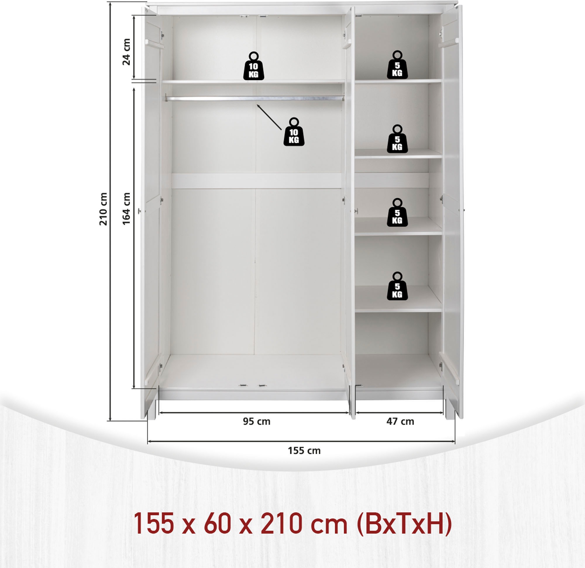 Tommy Jeans Kleiderschrank »Pinora, 3 Türen, Kiefer Massivholz Weiss, Silberne Metallgriffe« 1 Stk. tlg. Inkl. Kleiderstange & Einlegeböden, Skandi Look, 155 x 60 x 210 cm