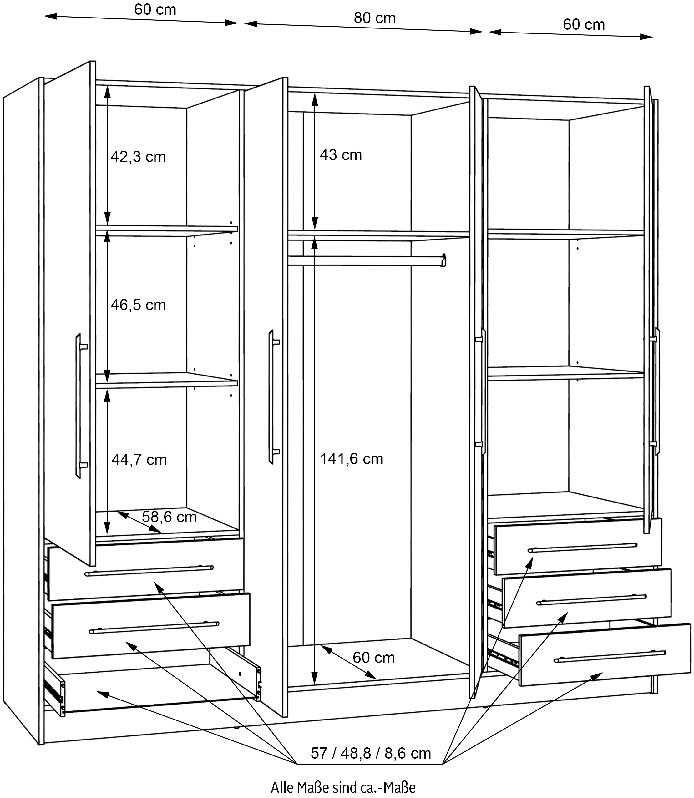 FORTE Kleiderschrank »Jupiter, Made in Europe, mit Schubladen«, viel Stauraum, 2 Breiten und 4 Farben