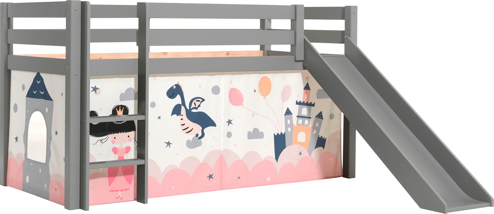 Vipack Spielbett "Pino, Kiefer massiv, mit Rolllattenrost u. Textil-Set, Made in Europe" B/H/T ca. 210x114x218cm, mit Absturzschutz, Leiter und Rutsche, verschiedene Textil-Designs und Holzfarben zur Wahl