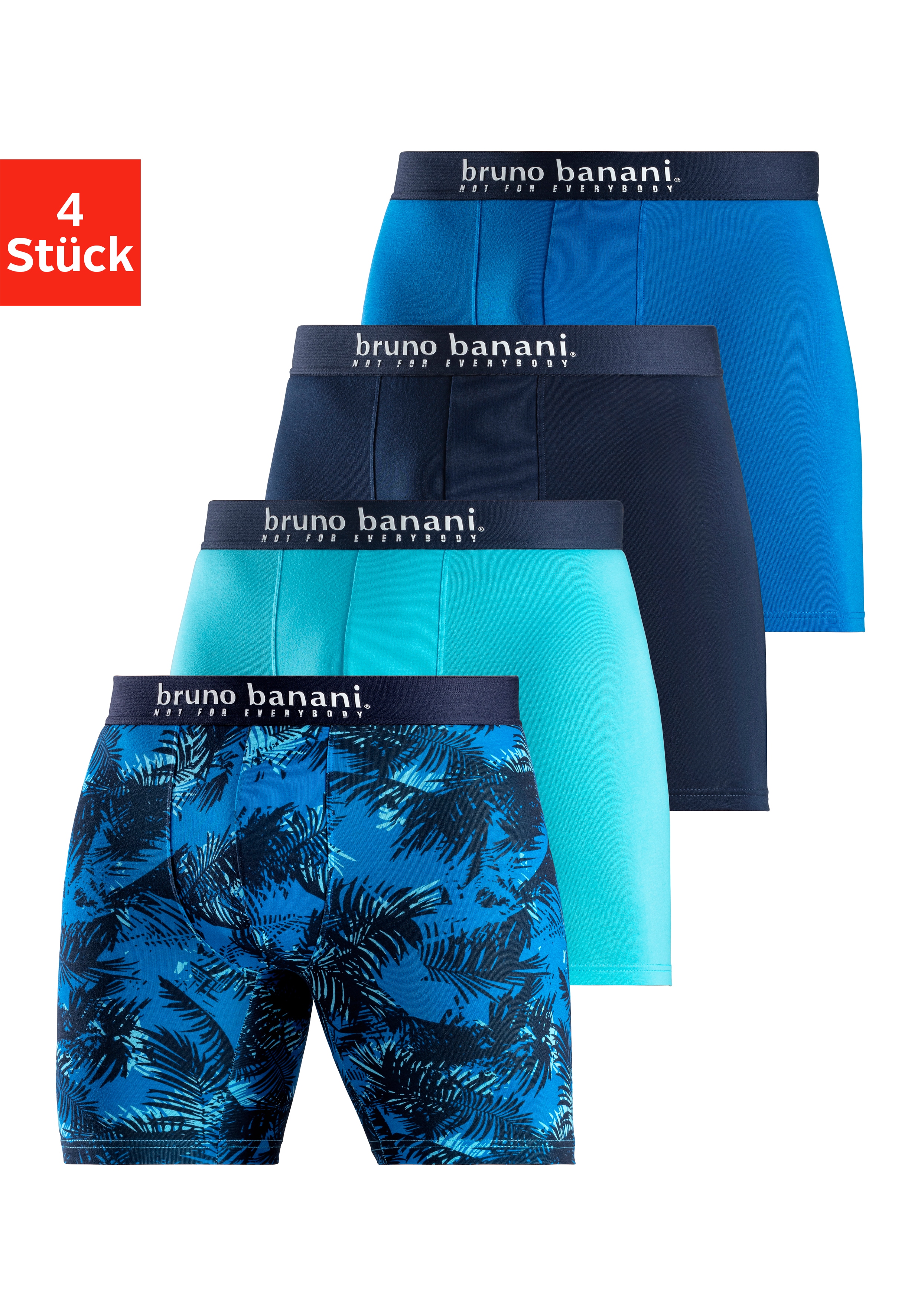 Bruno Banani Langer Boxer Packung, 4er-Pack, 4 Stk. Langes Bein, Palmendruck und unifarben aus Baumwollmischung