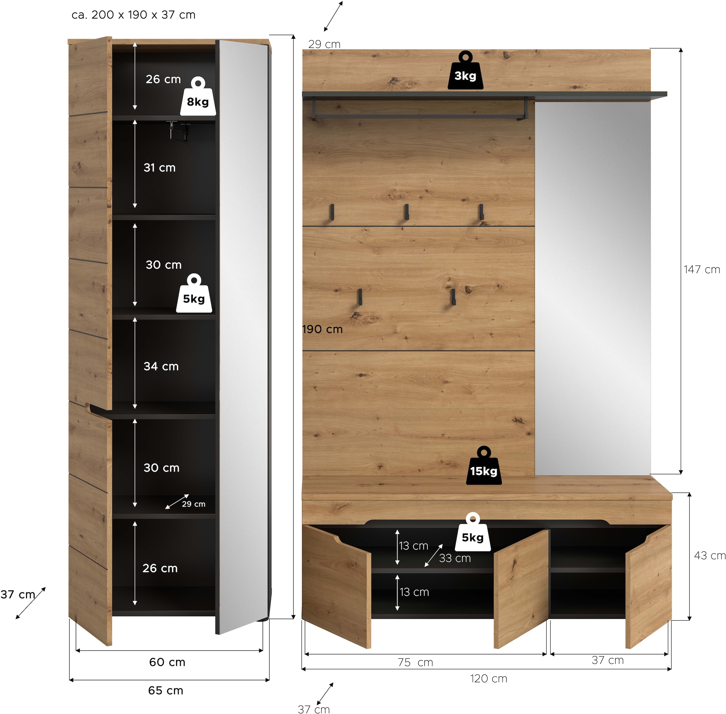 Home affaire Garderoben-Set »REHAT, TOPSELLER!, 3-teilig, Breite 200 cm, individuell stellbar« Set, best. aus: Garderobenschrank, Sitzbank & Garderobenpaneel, 3 Stk. tlg.