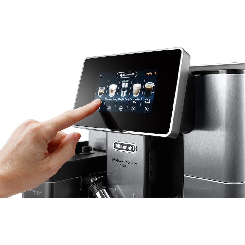 De'Longhi Kaffeevollautomat »PrimaDonna Soul ECAM 610.75.MB mit Kaffeekannenfunktion, silber«, inkl. Kaffeekanne im Wert von UVP € 29,99 und + Gläser-Set im Wert von 46,90 UVP