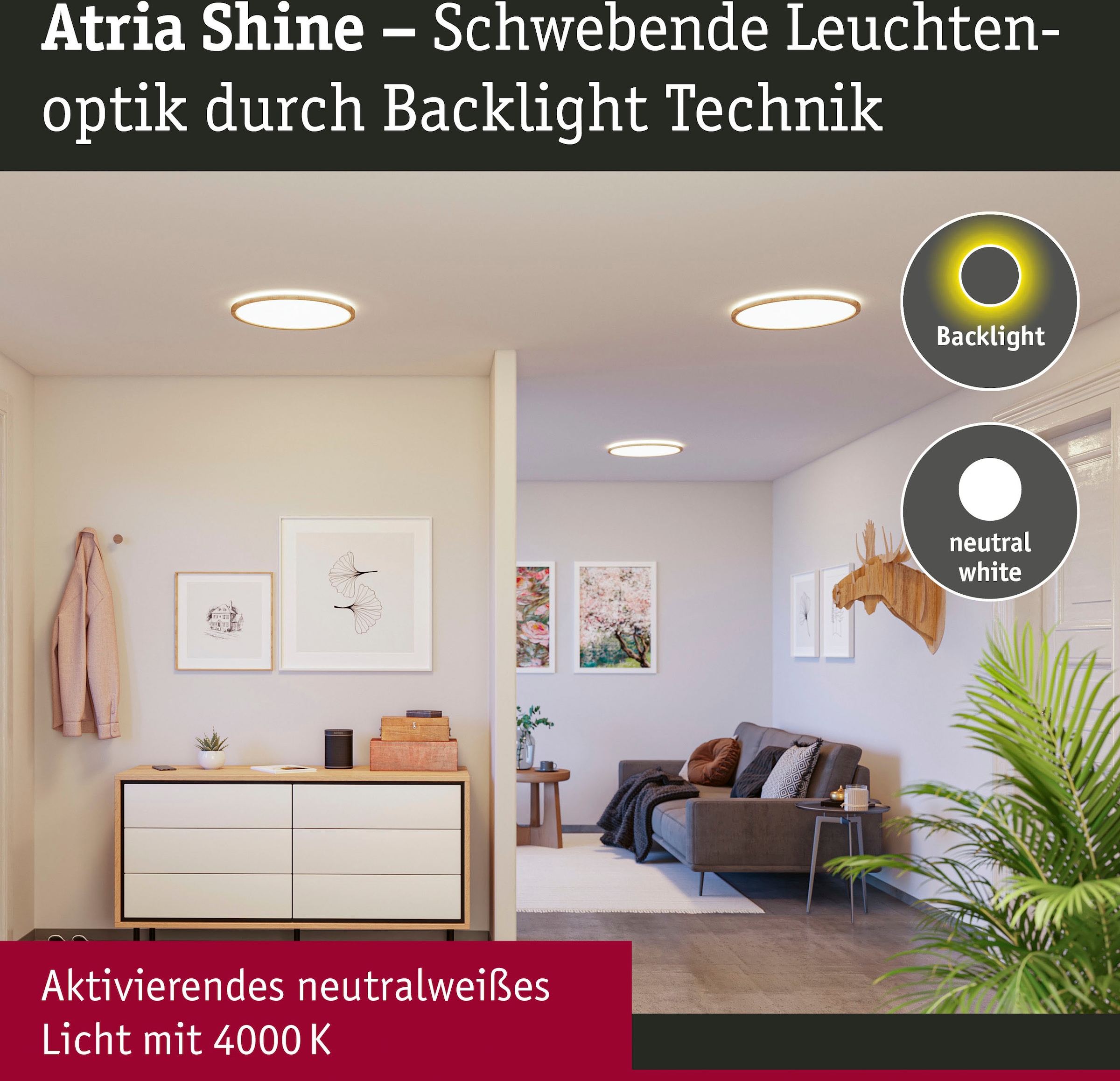Paulmann LED Panel »Atria Shine 22W 4000K 420mm Eiche Kunststoff IP44«, 1 flammig-flammig, Hintergrundbeleuchtung