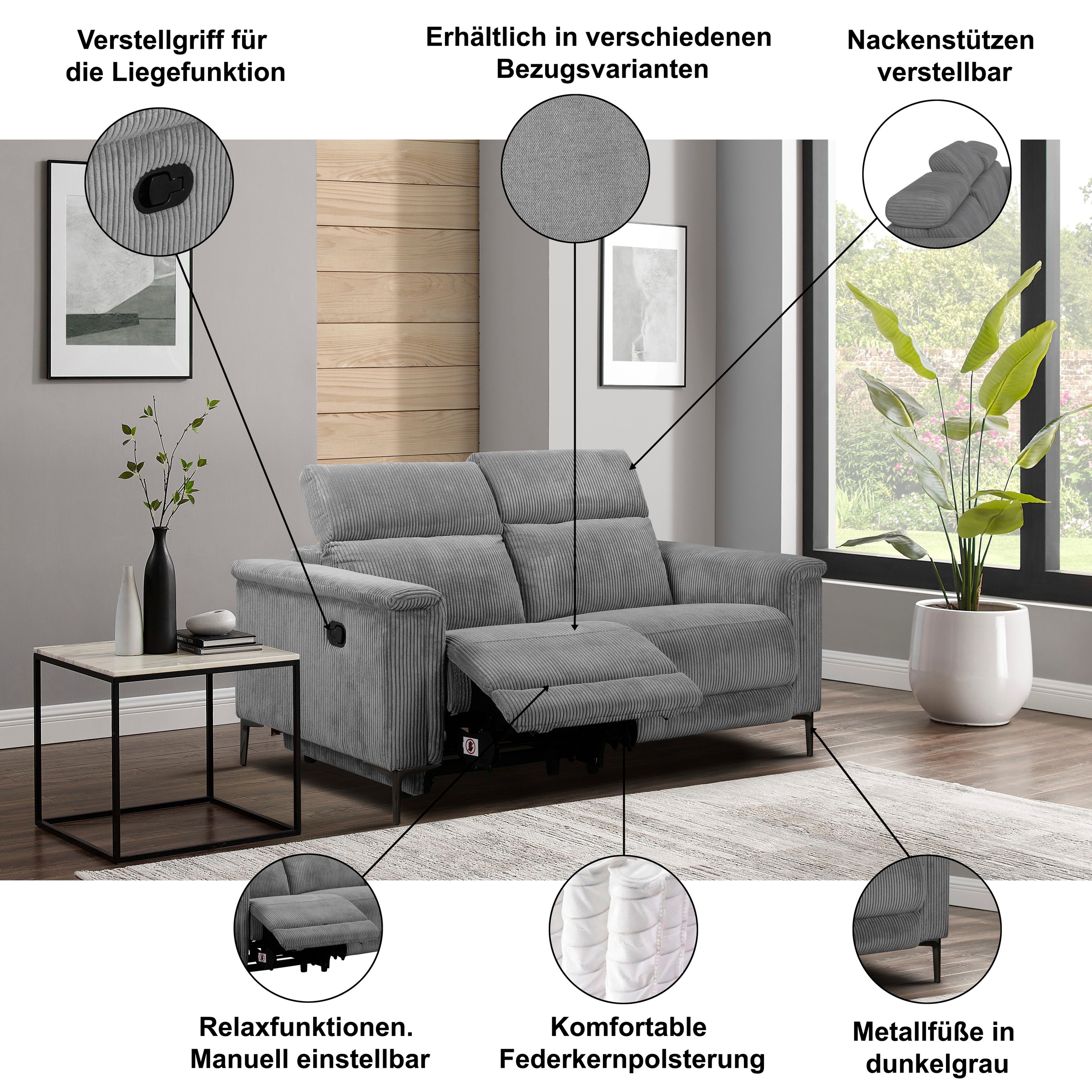 Thumbnail - OTTO home 2-Sitzer "LUND Cord, 160 cm, manuelle o. elektrische Relaxfunktion" USB-C bei elektrischer Ausführung, mit Kop...