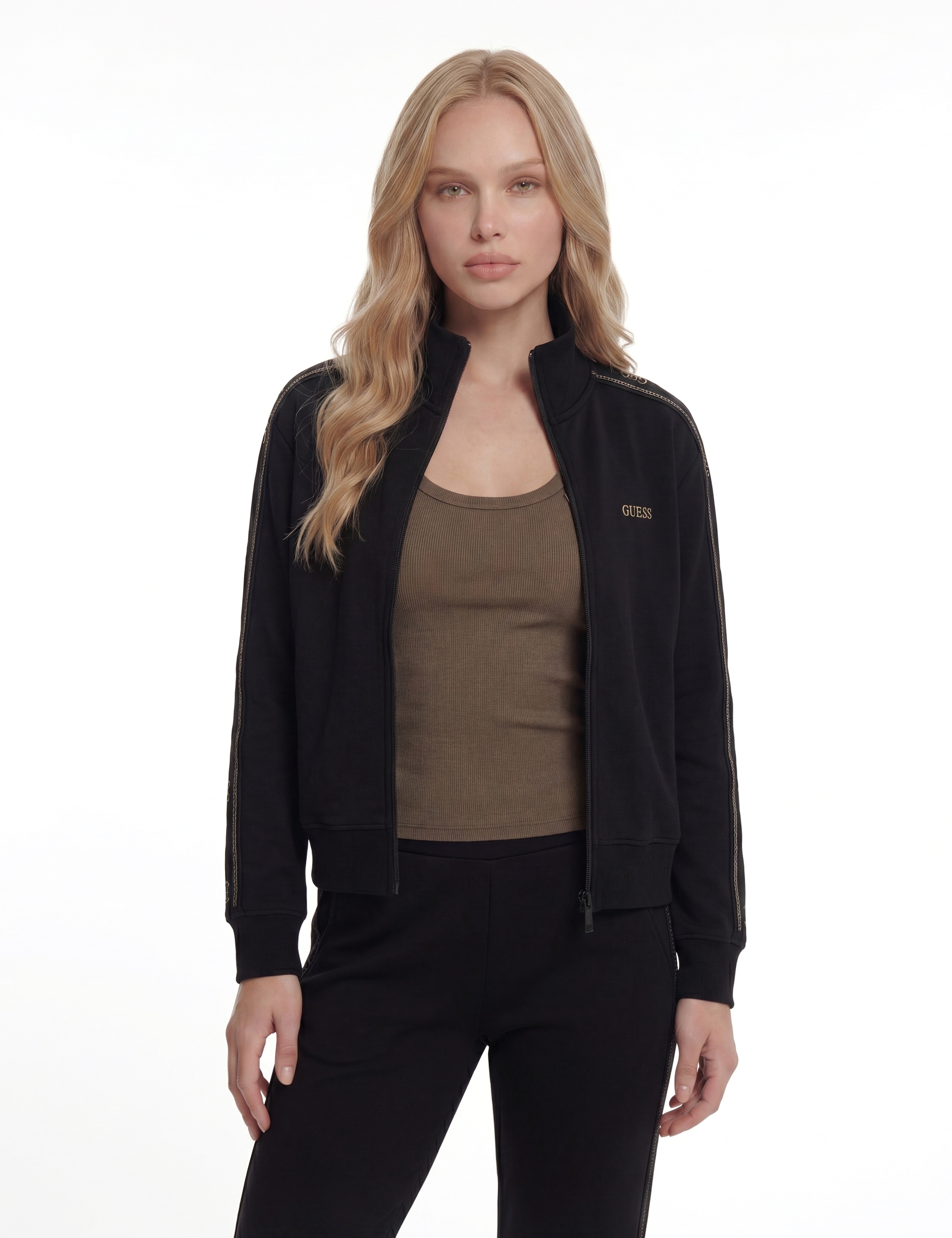 Guess Sweatjacke »OCTAVIA HIGH NECK FULL-ZIP« mit Strass-Steinen, Stehkragen