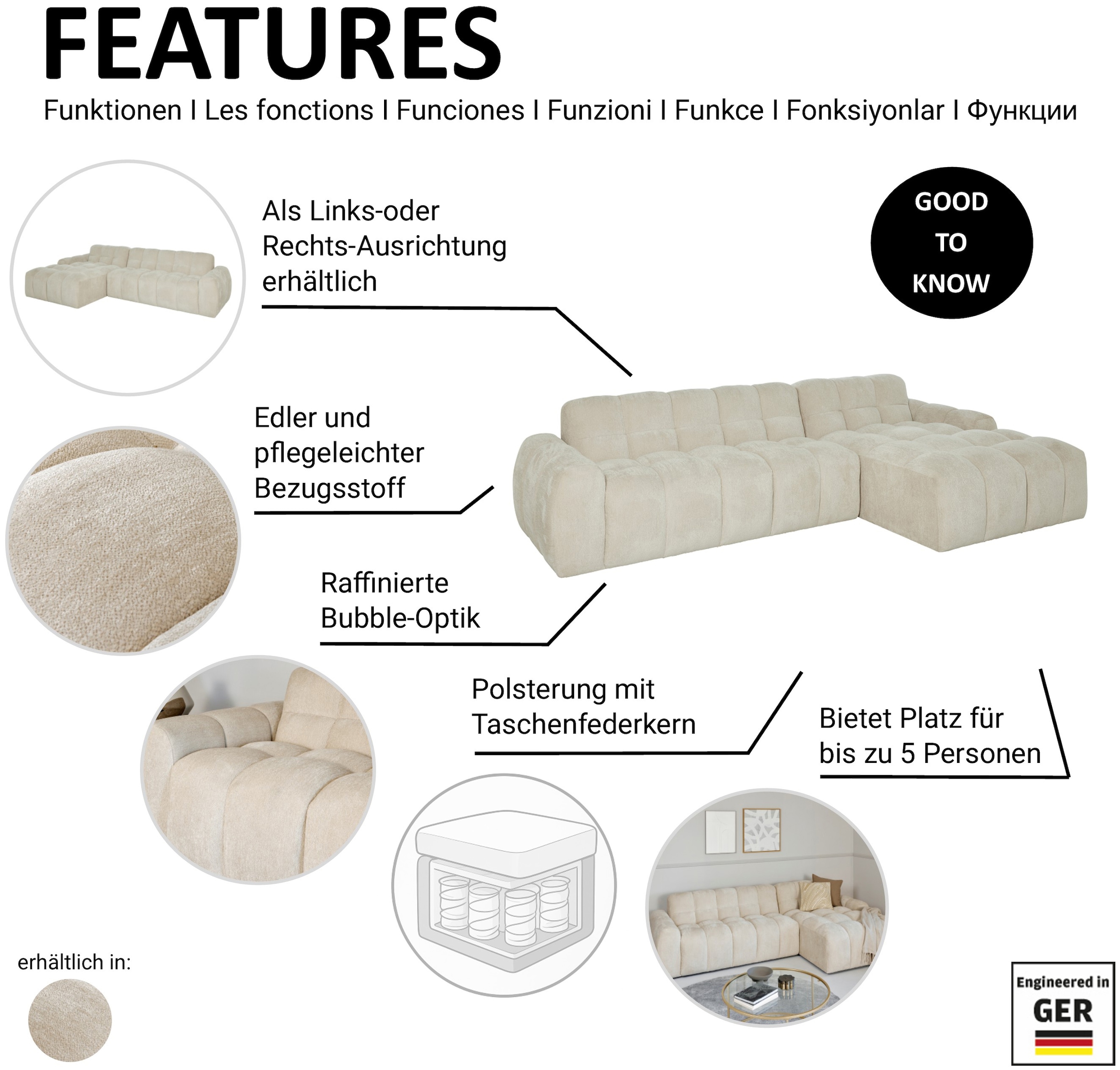 Jahnke Ecksofa »RELAX BUBBLE CORNER« Platz für bis zu 5 Personen,Taschenfederkernpolsterung,L-Form,B:305 cm