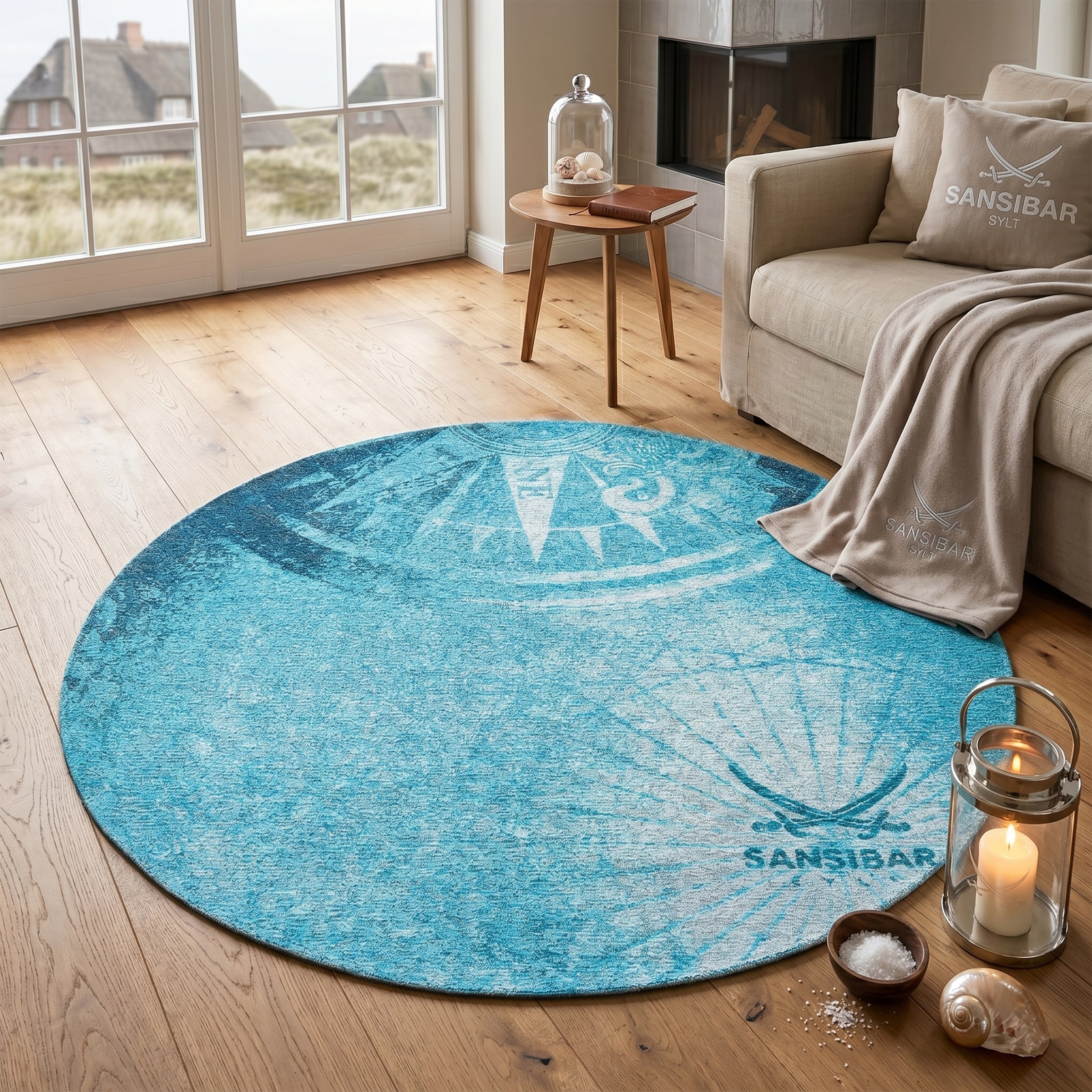 Sansibar "Keitum 011" rund 3 mm Höhe Flachgewebe, modernes Design, Motiv Kompass