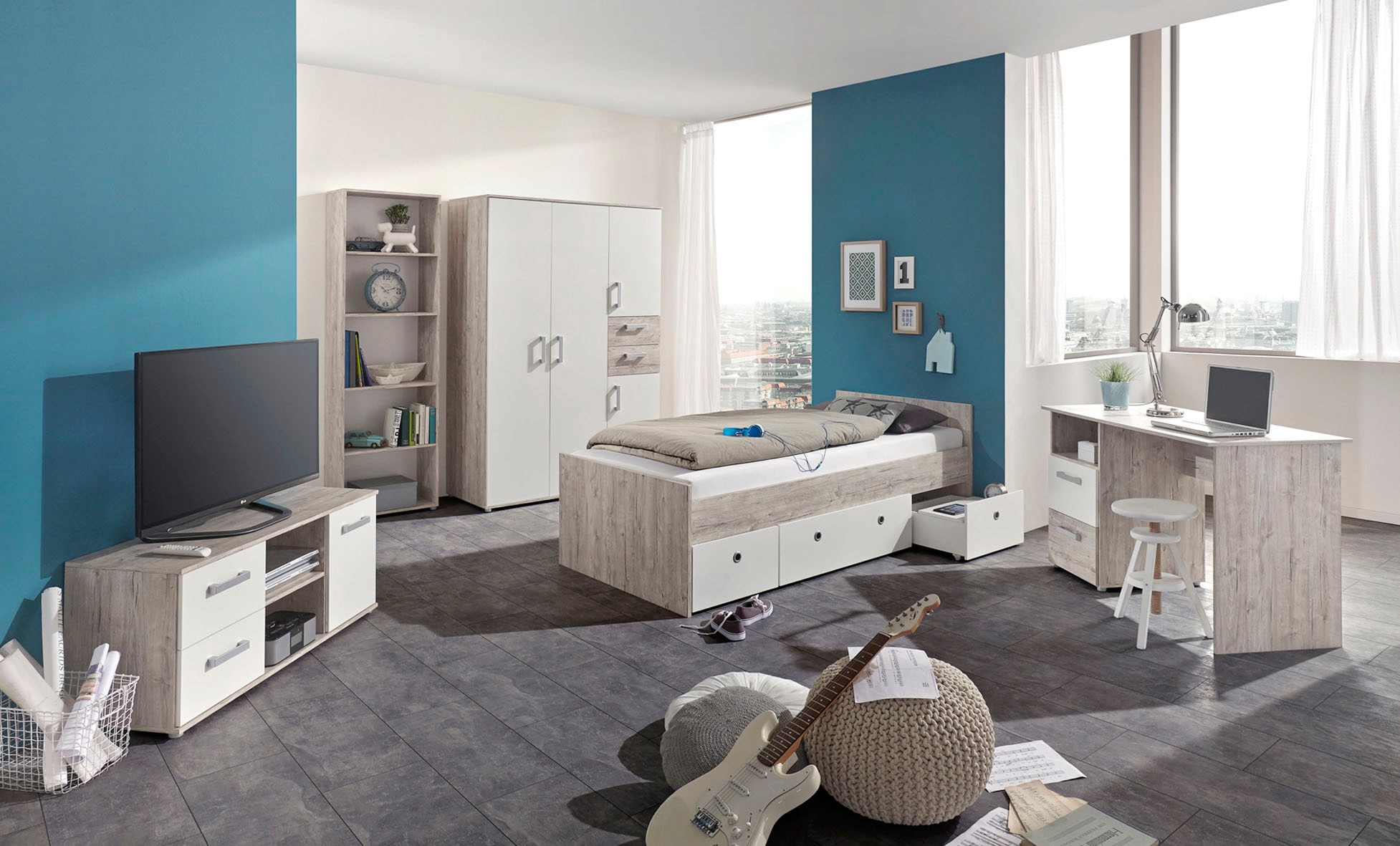 arthur berndt Jugendzimmer-Set »"Bente" Unser TOPSELLER zum TOP-PREIS! Viel Stauraum, moderner Look«, (Set, 5 St., Bett + 4 trg. Schrank + Schreibtisch + Standregal + Lowboard), komplettes Jugend- und Kinderzimmer, auch toll für kleinere Räume