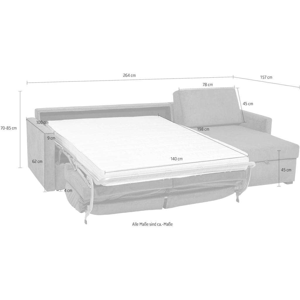 Places of Style Schlafsofa »GOLDPOINT Ecksofa 264 cm, Liegefläche (140/200cm), L-Form,«