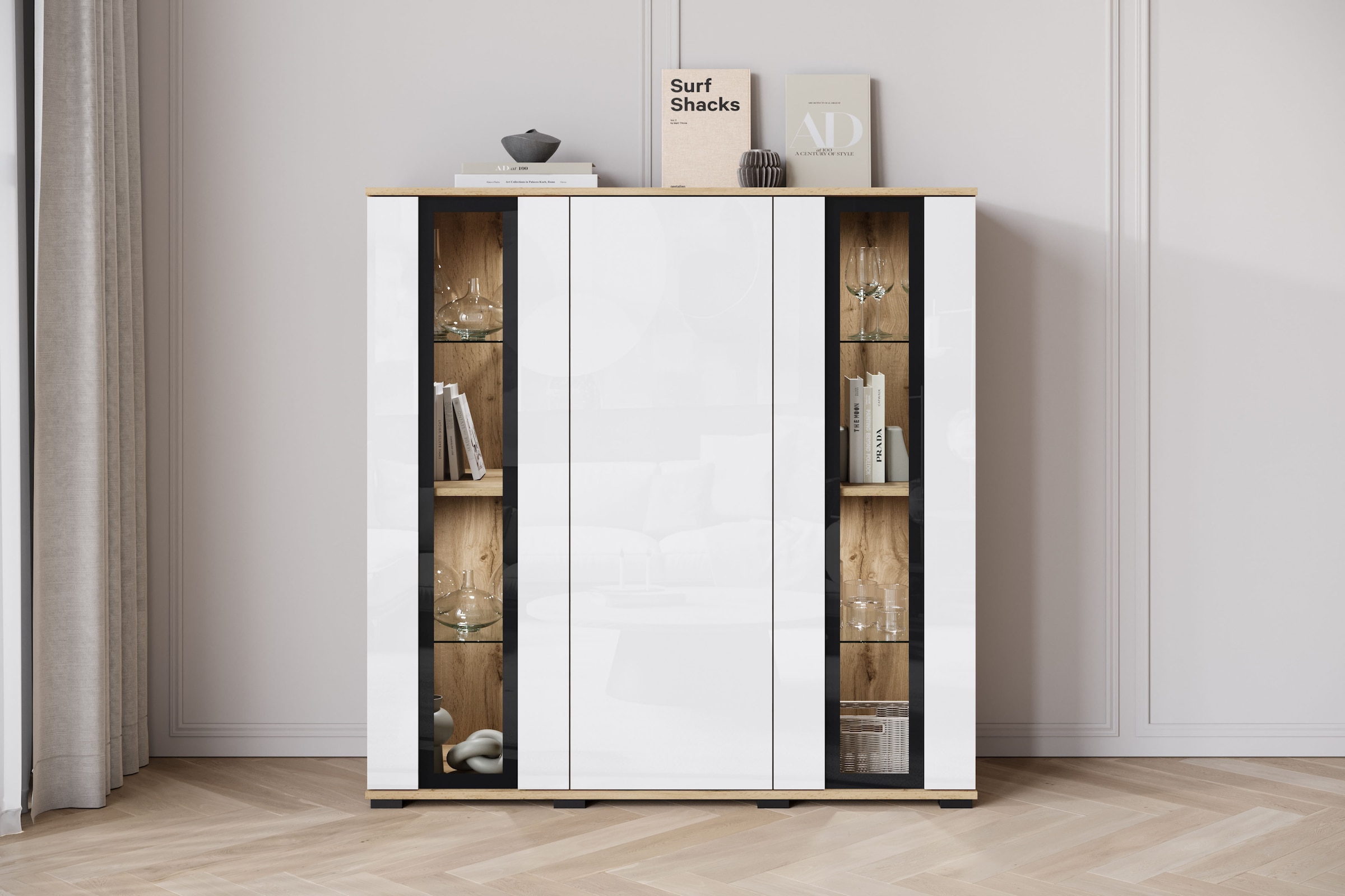 INOSIGN Highboard »Caro, modernes Design mit Glaseinsätzen, Breite 120 cm«, (1 St.), grifflose Fronten mit Push-to-Open, höhenverstellbare Einlegeböden