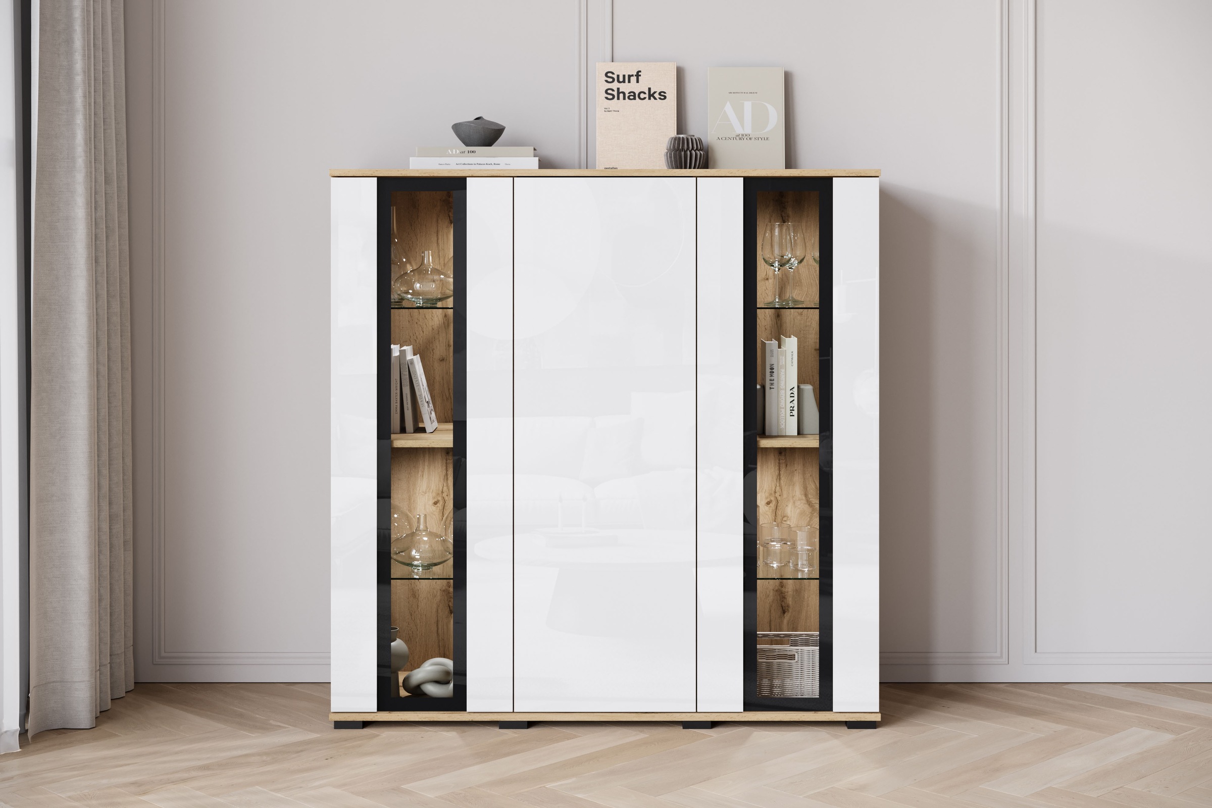 Thumbnail - Home affaire Highboard "Caro, modernes Design mit Glaseinsätzen, Breite 120 cm" 1 Stk. tlg. grifflose Fronten mit Push-t...