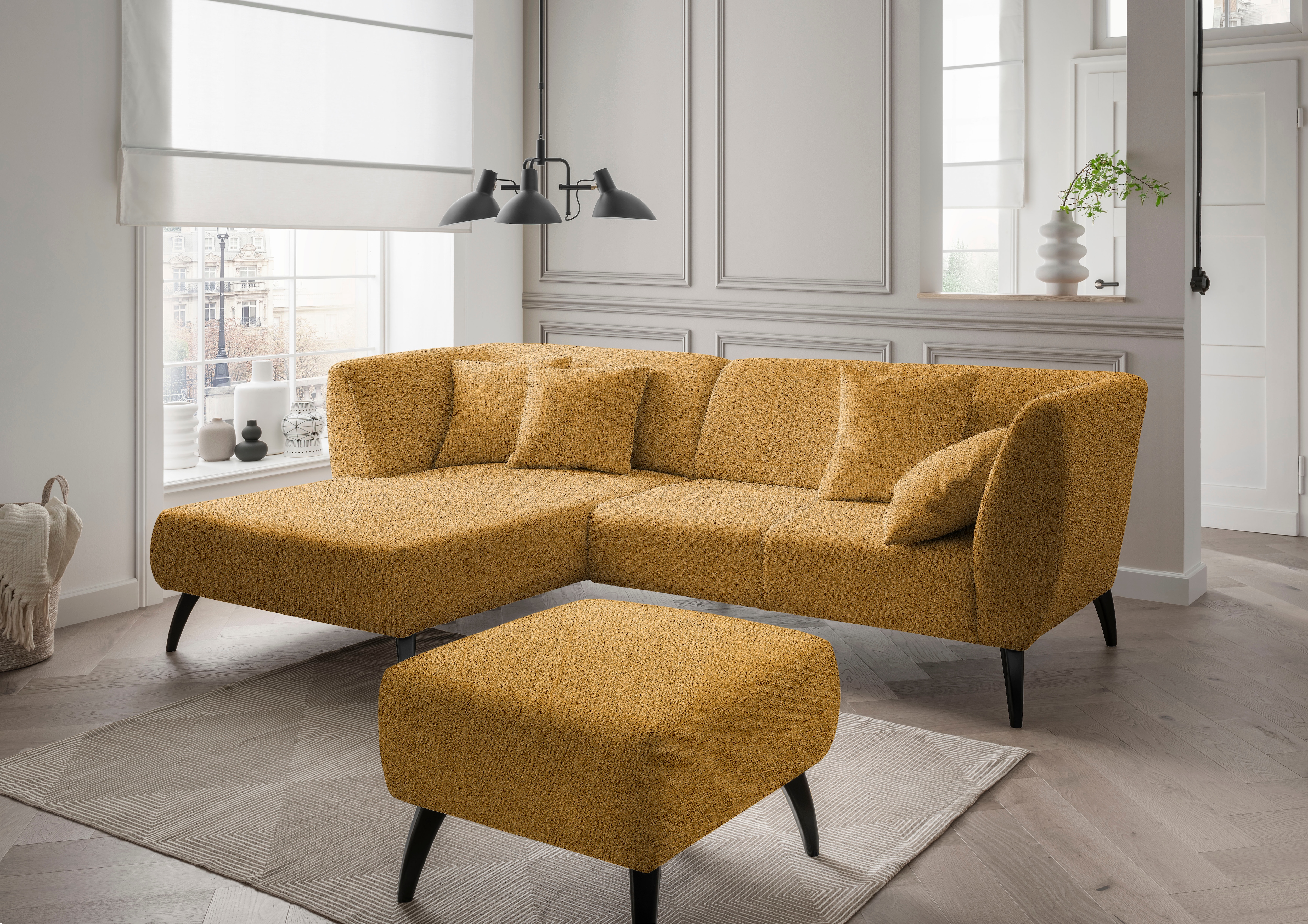Home affaire Ecksofa "Lazio modern und bequem, schmale Armlehnen, tolle Detailverarbeitung" Holzfußfarbe wählbar, inkl. 4x Zierkissen