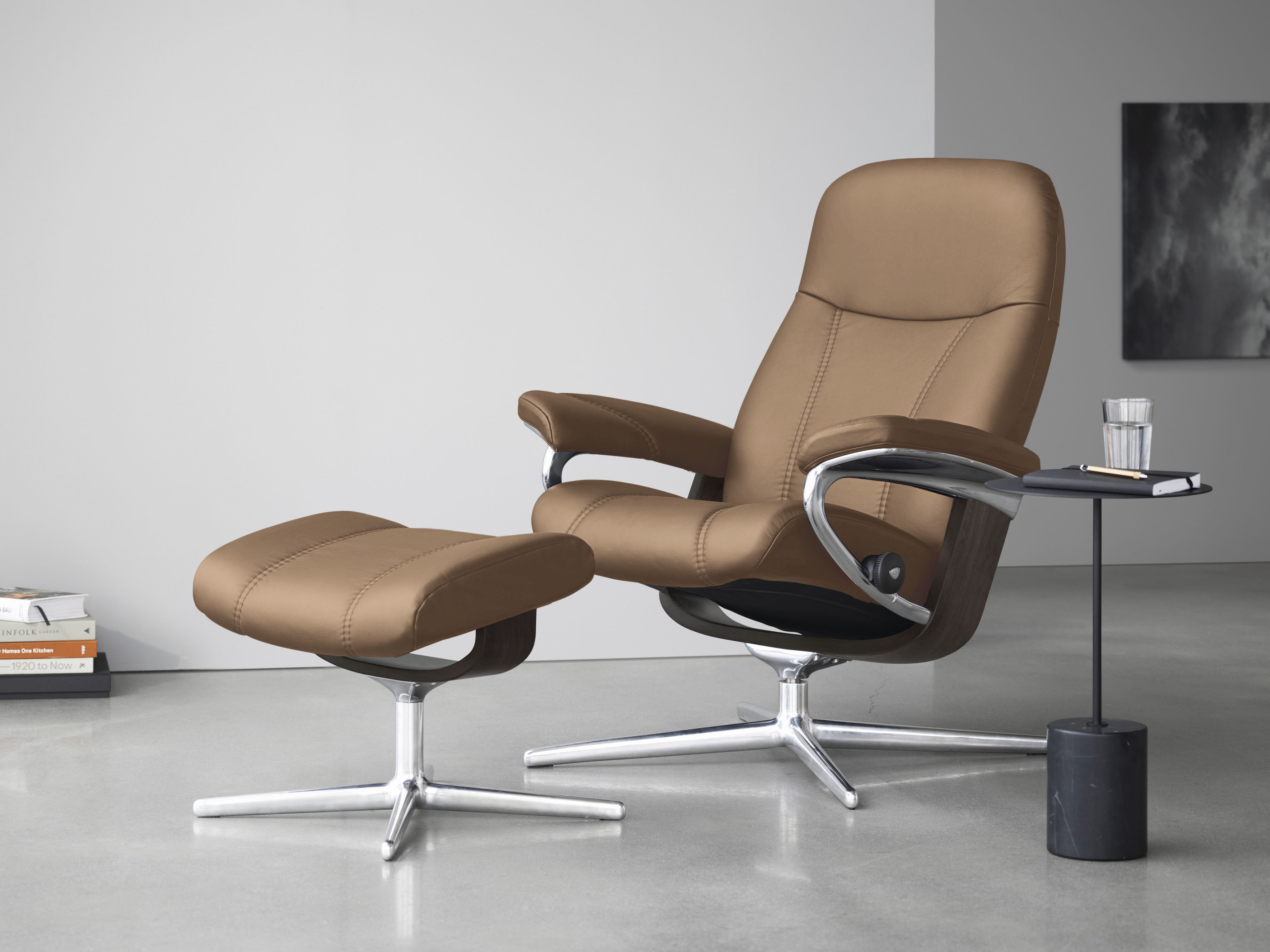 Stressless Relaxsessel "Consul" Set, Relaxsessel mit Hocker, mit Hocker, mit Cross Base, Größe S, M & L, Holzakzent Wenge
