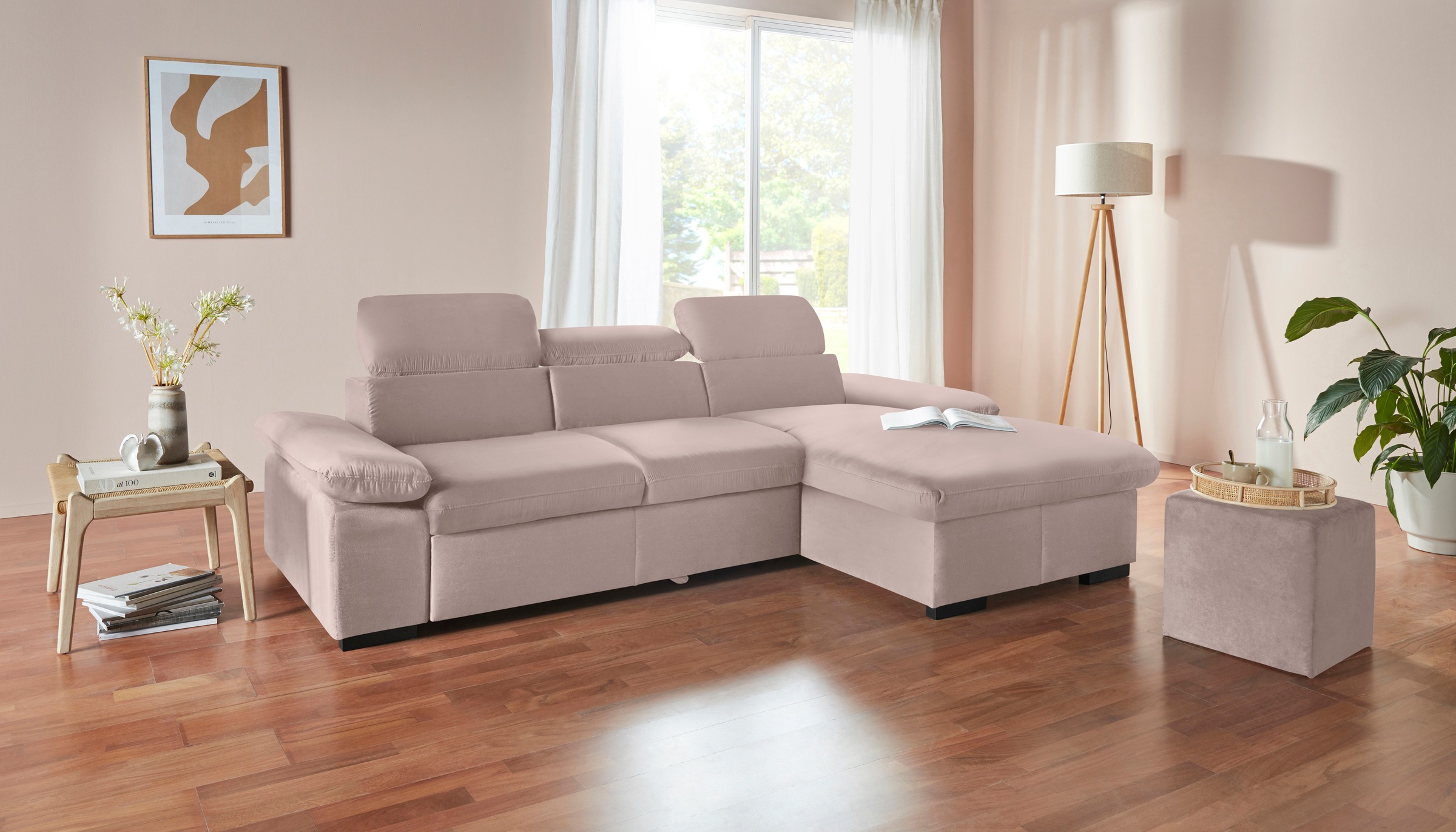 COTTA Ecksofa »Lola L-Form mit Kopfteilfunktion & Hocker«, (Set, mit Hocker), wahlweise mit Bettfunktion, Bettkasten & Armteilverstellung