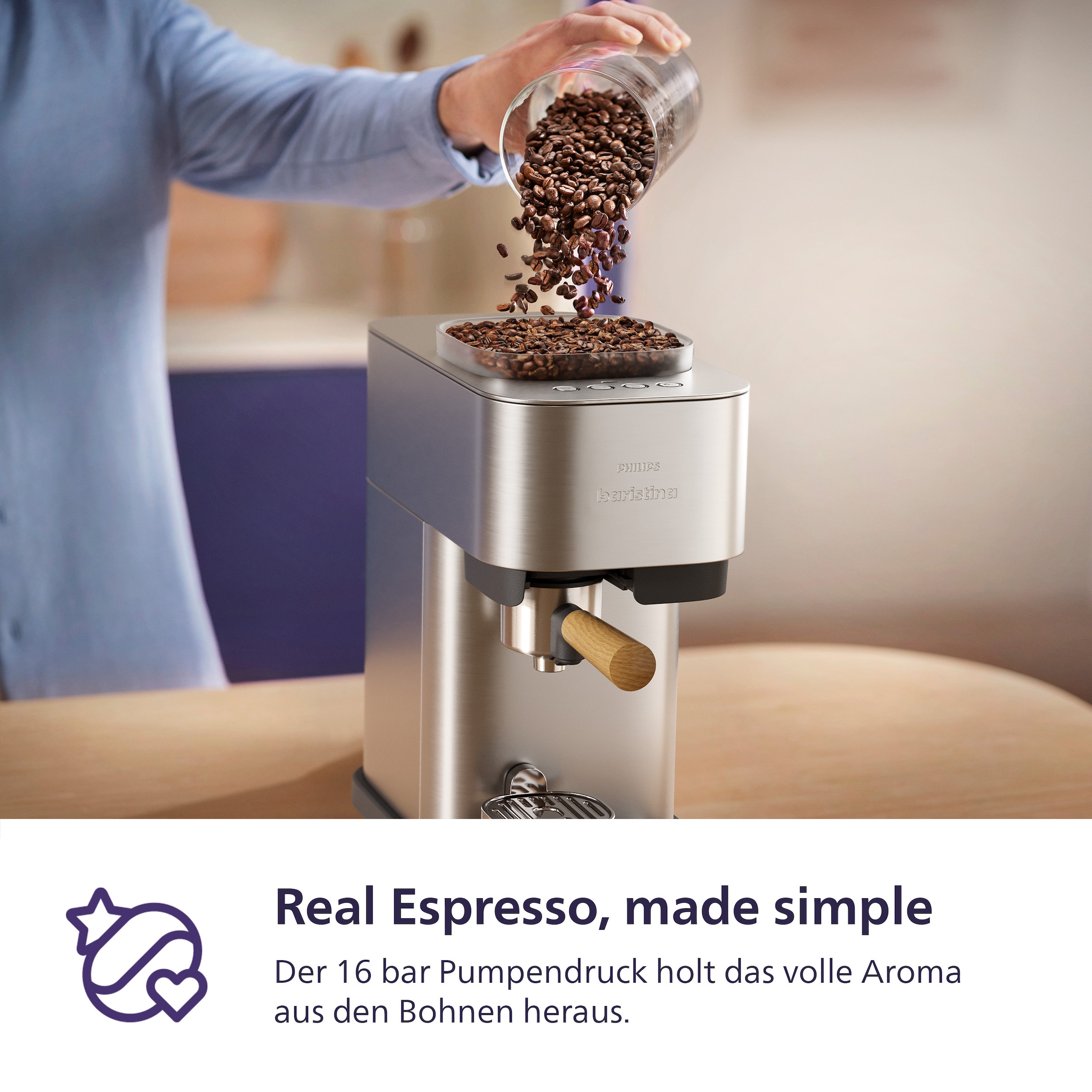 PHILIPS baristina Espressomaschine »Plus in Edelstahl BAR500/00 mit Mahlwerk für ganze Bohnen« Iced Coffee Funktion, 16 bar Pumpendruck, Edelstahl/Eschenholz
