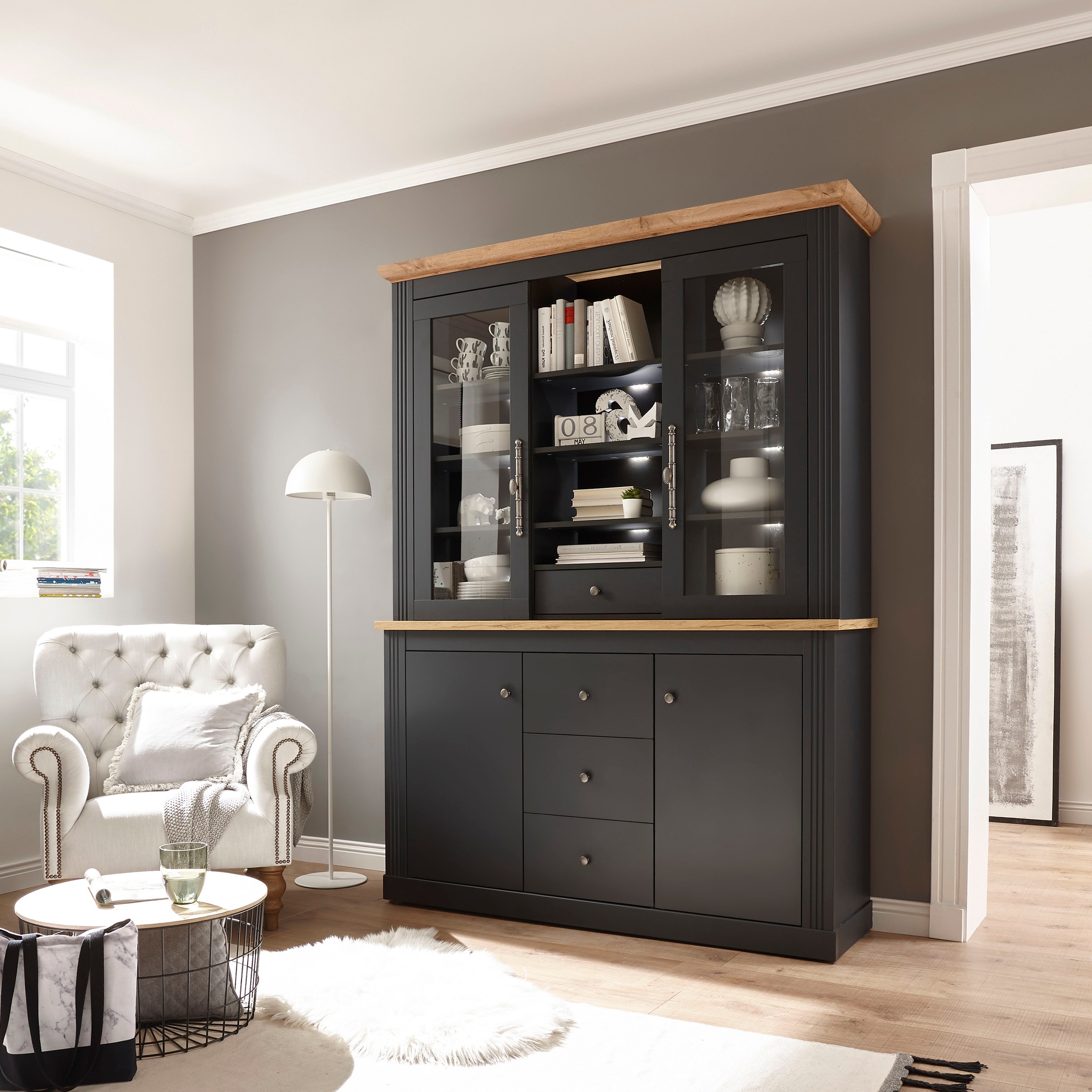 OTTO home Buffet "Westminster, Buffetschrank im Landhausstil, Schrank, Hochschrank" Metallgriffe, ausreichend Stauraum, in 2 Farben erhältlich