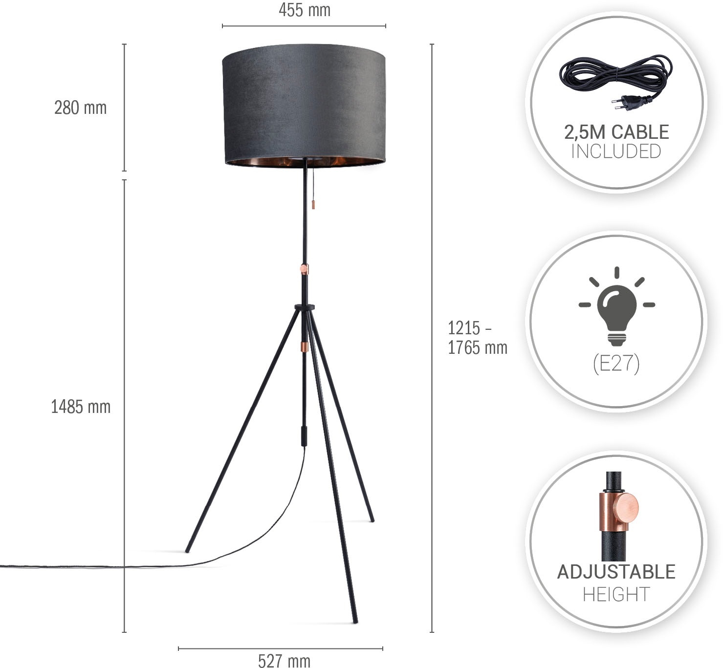 Paco Home Stehlampe »Naomi uni Color«, Leuchtmittel E27 | ohne Leuchtmittel, Wohnzimmer Höhenverstellbar 121,5 bis 176,5 cm Zugschalter Velour