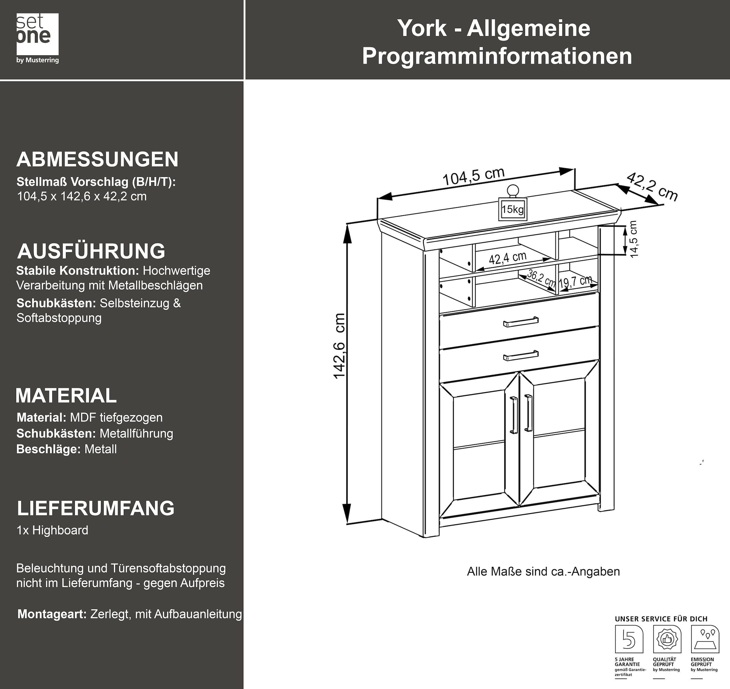 set one by Musterring Highboard »York« Typ 16, mit Holztüren und Schubkasten, Beleuchtung optional, B 105 cm