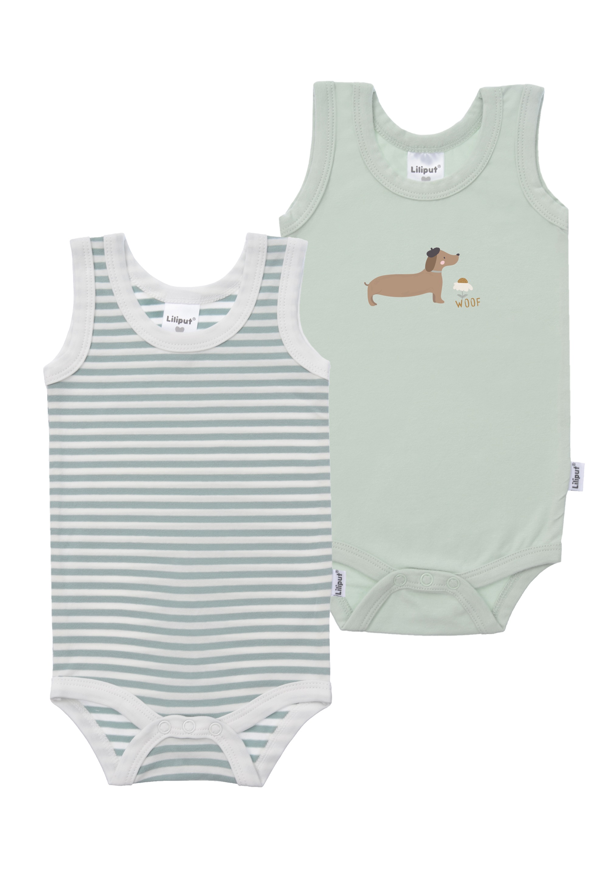 Body LILIPUT "Dackel", Jungen, Gr. 62/68, EURO-Größen, grün (hellgrün), 95% Baumwolle, 5% Polyester, bedruckt, Rundhals, Bodys Body, 2er-Pack mit bequemem Rundhalsausschnitt
