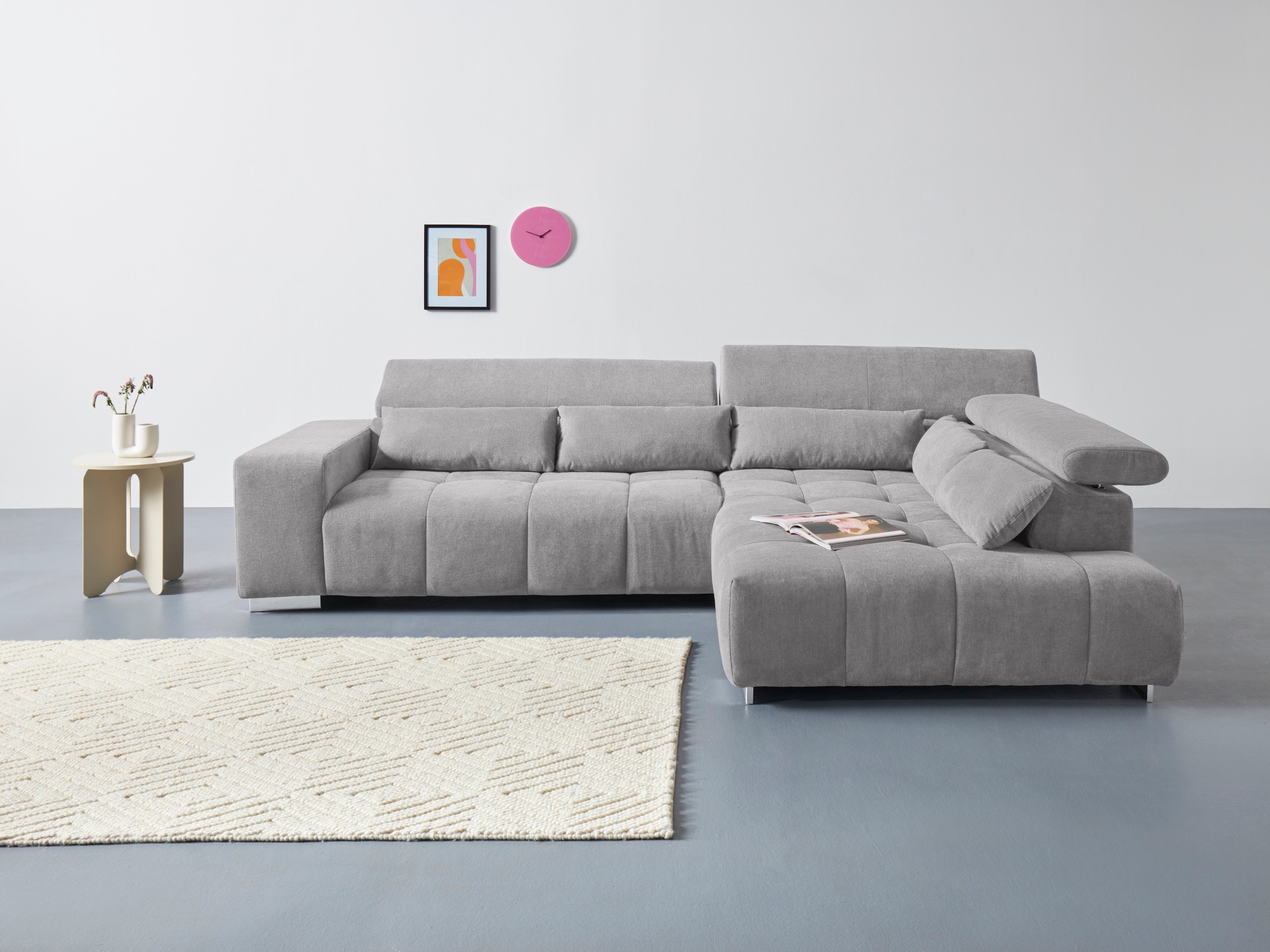 COTTA Ecksofa "Orion L-Form, B: 310 cm, moderne Steppung, bequeme Wellenunterfederung" Kopfteilverstellung & 5 Nierenkissen