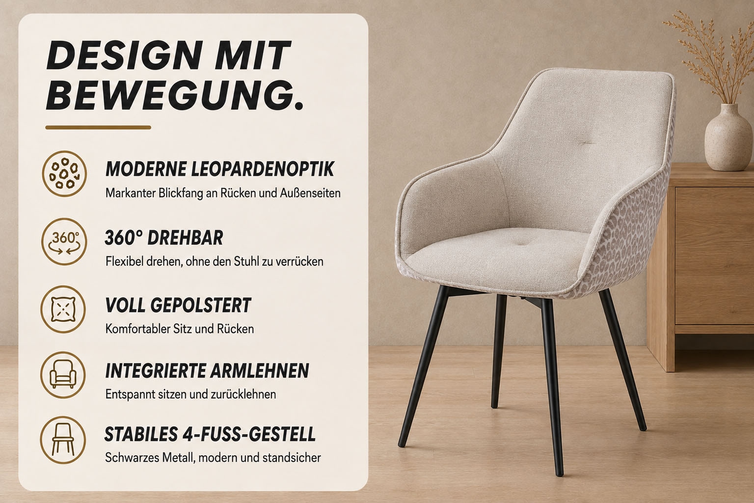 OTTO home Esszimmerstuhl »Lincoln« (Set) 2 Stk.moderner Stuhl mit Leopardenlook, Webstoff und 360°-Drehfunktion