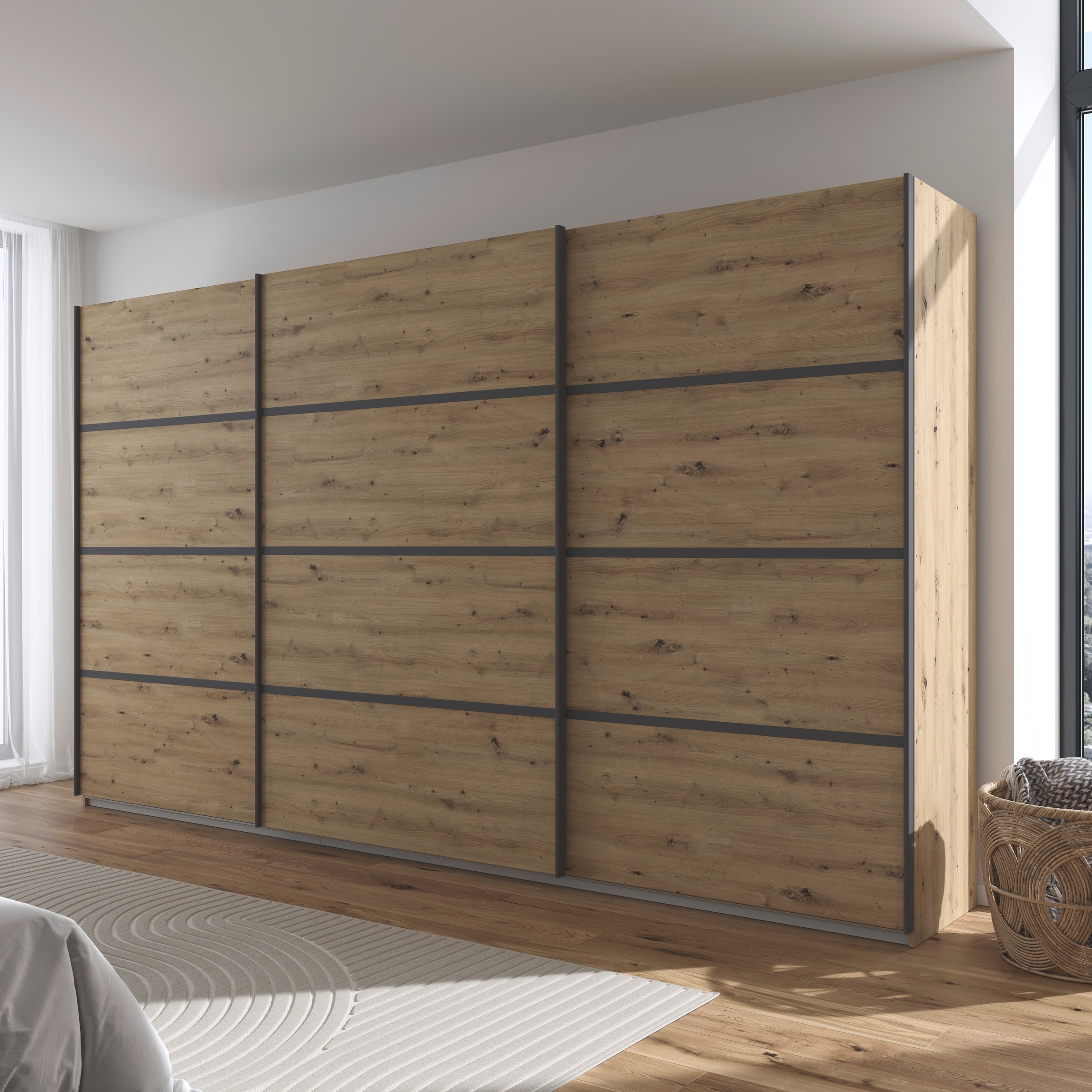 rauch Kleiderschrank »Schwebetürenschrank OTTO´s Choice Garderobe Schrank TOP ANGEBOT Avola«, (in 3 verschiedenen Ausstattungen BASIC/CLASSIC/PREMIUM), mit eleganten Zierleisten in Chrom, Schwarz oder Weiß MADE IN GERMANY