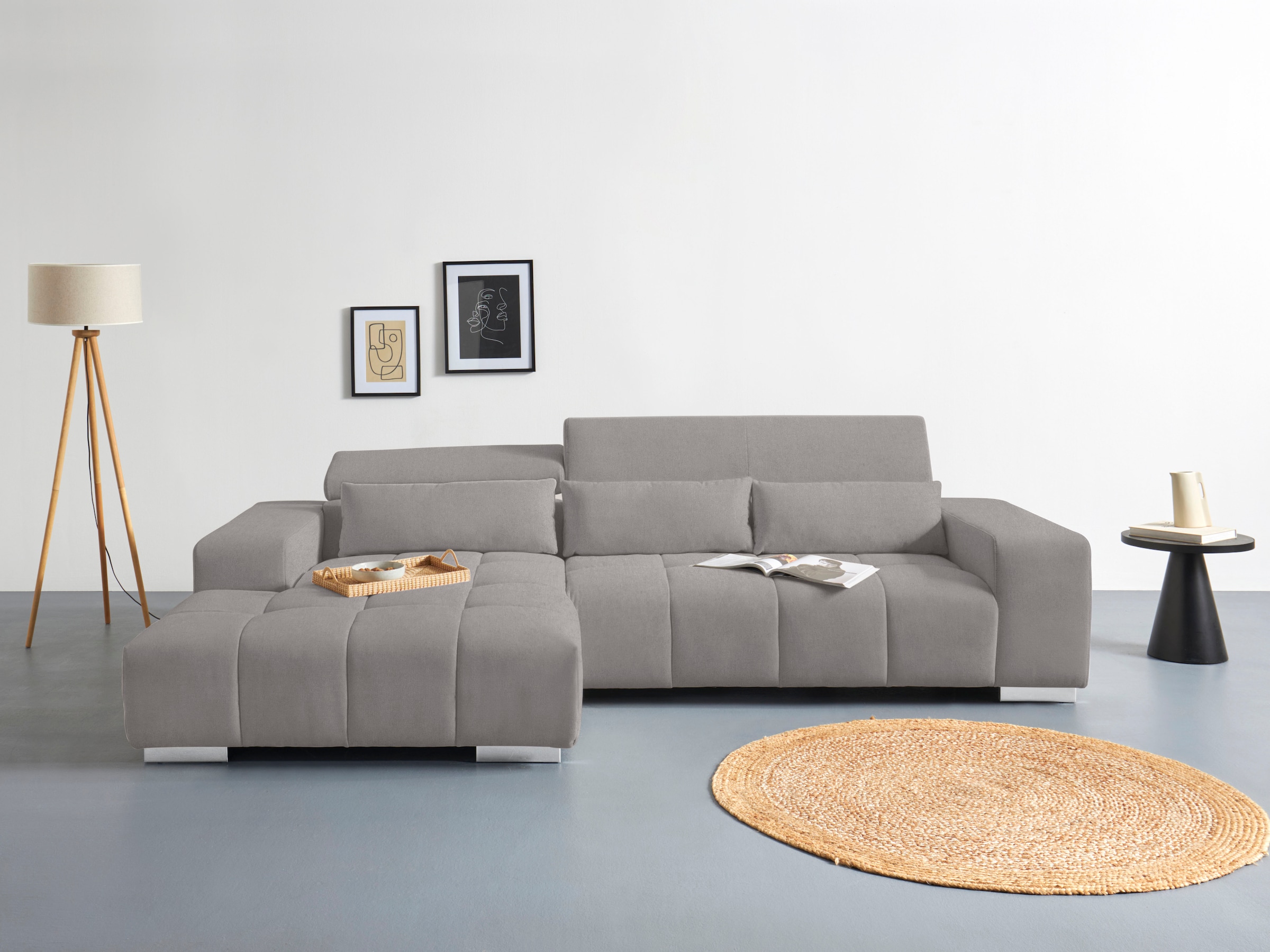 COTTA Ecksofa "Orion L-Form, B: 307 cm, moderne Steppung, bequeme Wellenunterfederung" 2x Kopfteilverstellung & 3 Nierenkissen