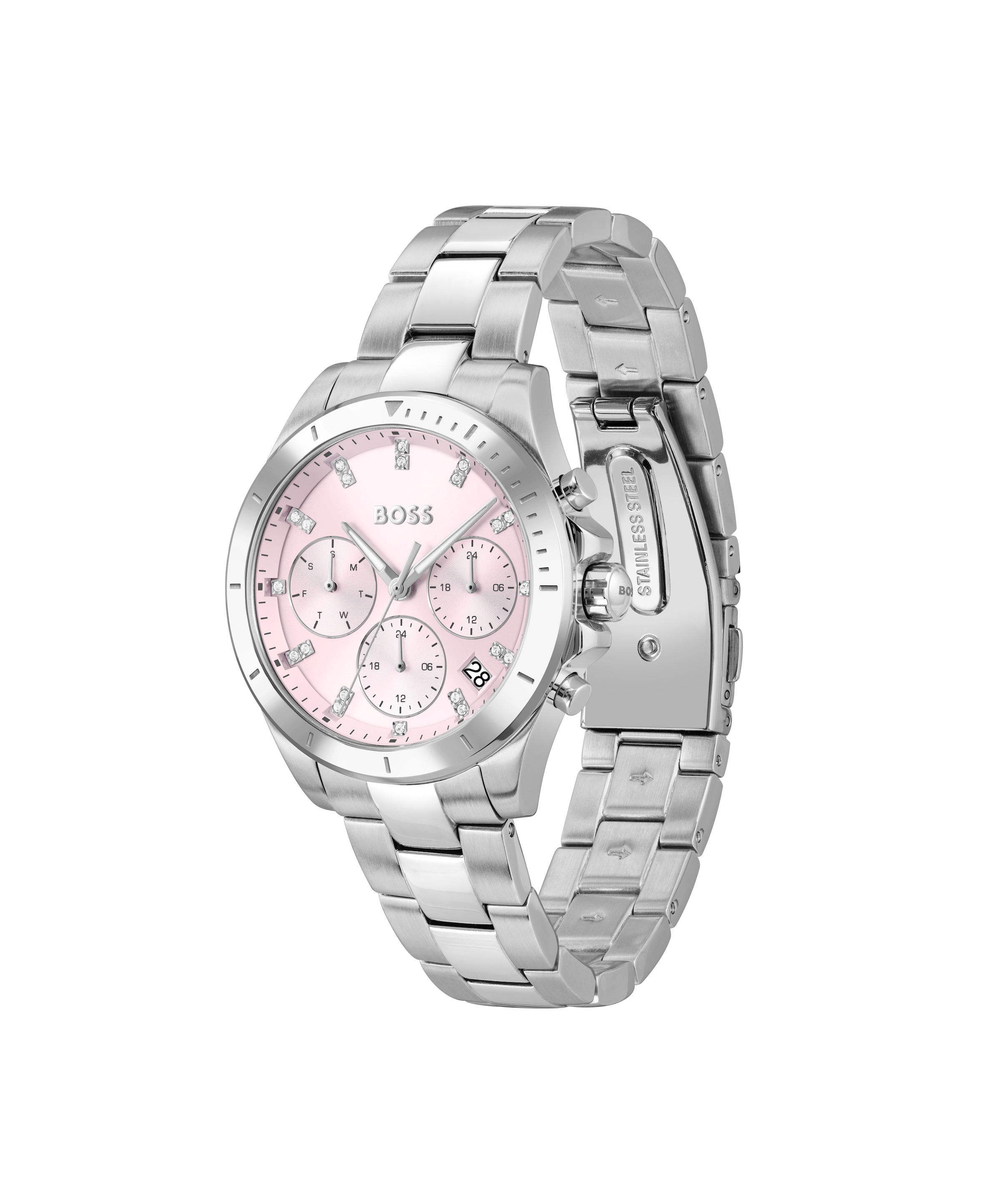 BOSS Multifunktionsuhr »ALLEY«, Quarzuhr, Armbanduhr, Damenuhr, Edelstahlarmband, analog, Tag