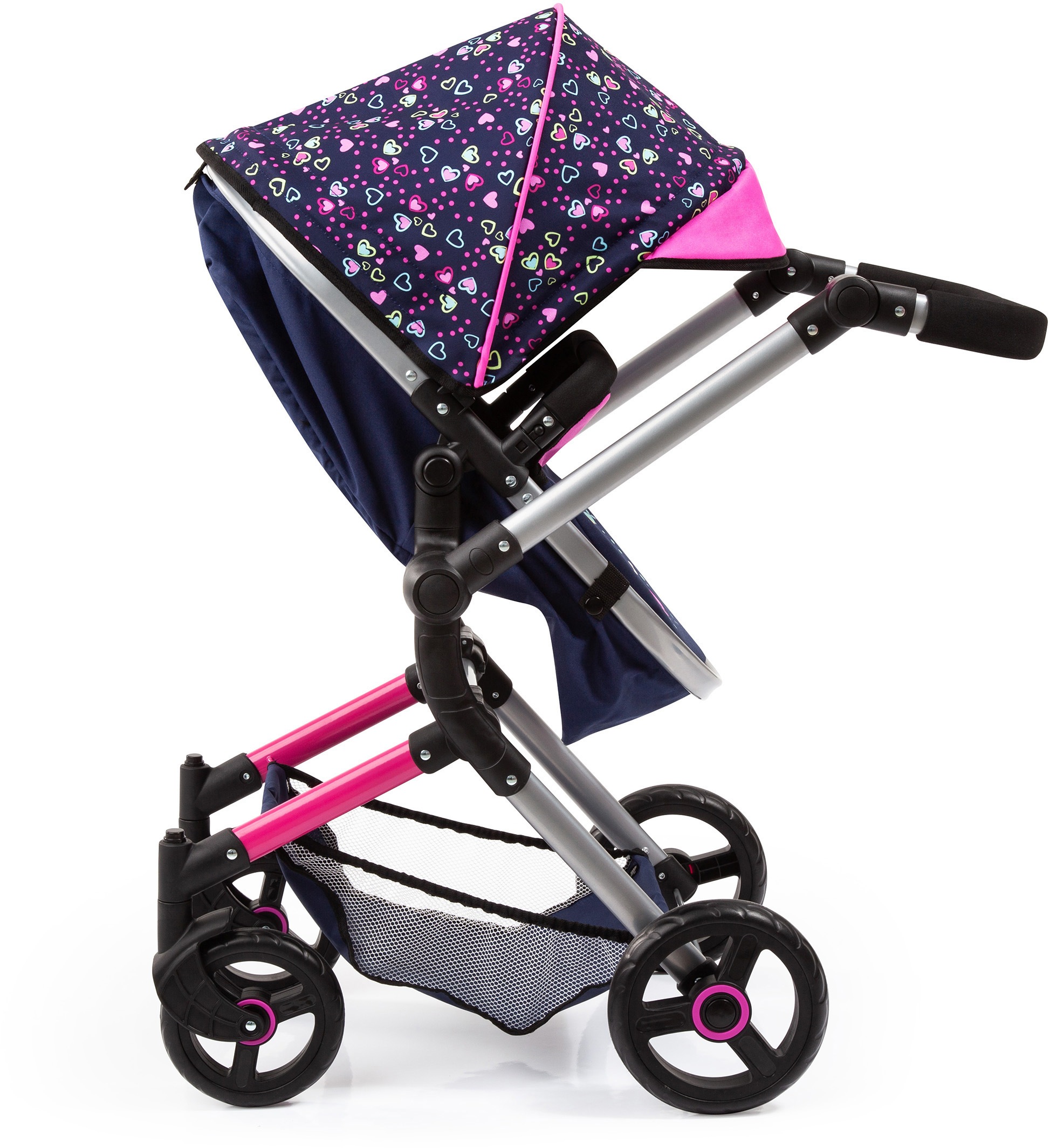 Bayer Kombi-Puppenwagen »Vario, Blau/Pink/Herzchen«, inkl. Wickeltasche