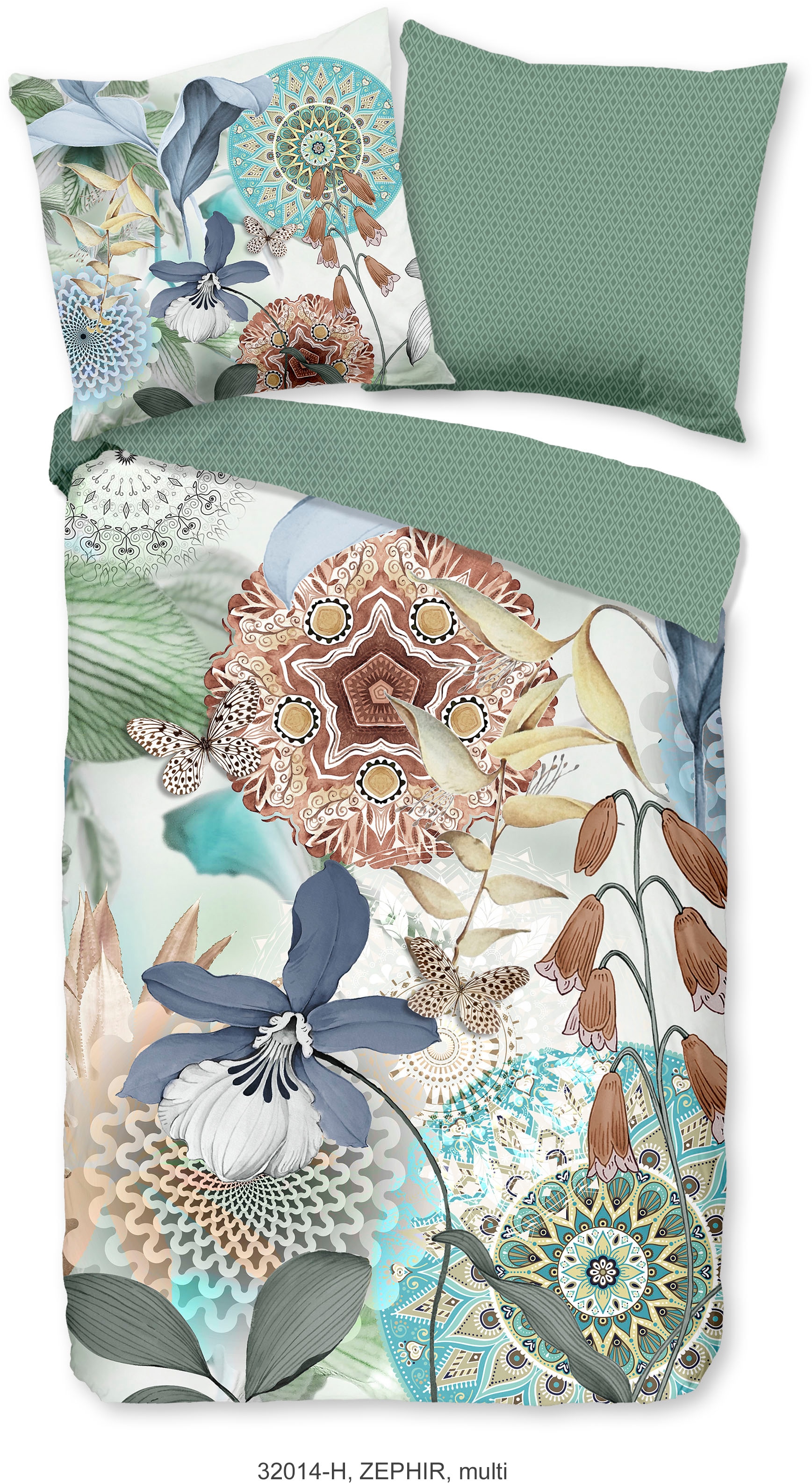 hip Wendebettwäsche »ZEPHIR«, Mako-Satin, 135x200, Reißverschluss, Wendeoptik, Mandala, Blumen, Grün