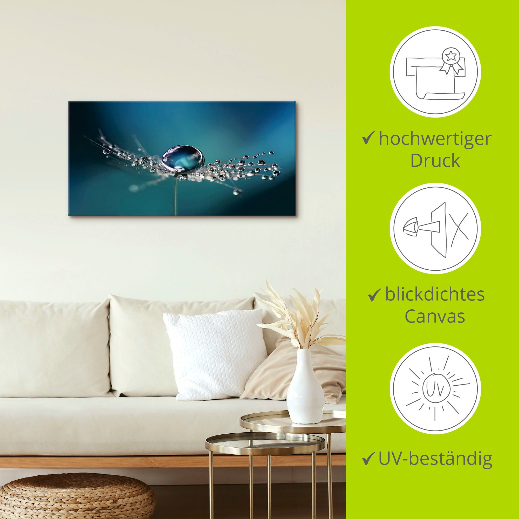 Artland Wandbild »Pusteblume Tautropfen blau«, Blumenbilder, (1 St.), als Alubild, Outdoorbild, Leinwandbild in verschied. Größen