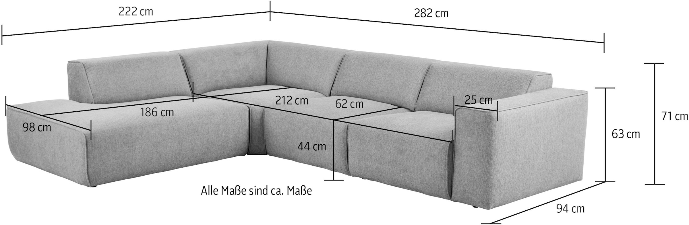 andas Ecksofa »Noord 282 cm mit Ottomane,«, mit Kedernaht, in einem Soft-Touch Bezug