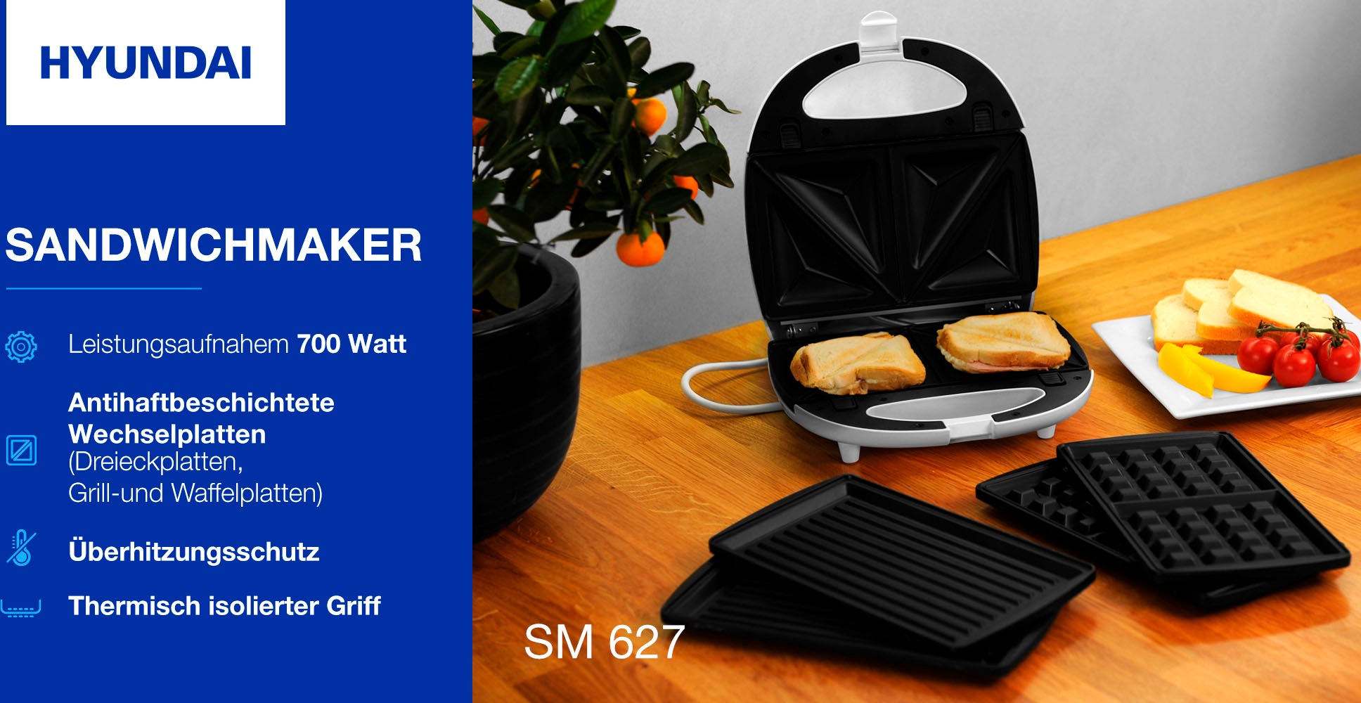 Hyundai 3-in-1-Sandwichmaker »SM627«, 700 W, austauschbare Sandwich/Waffel/Panini Platten, Lichtsignalisierung