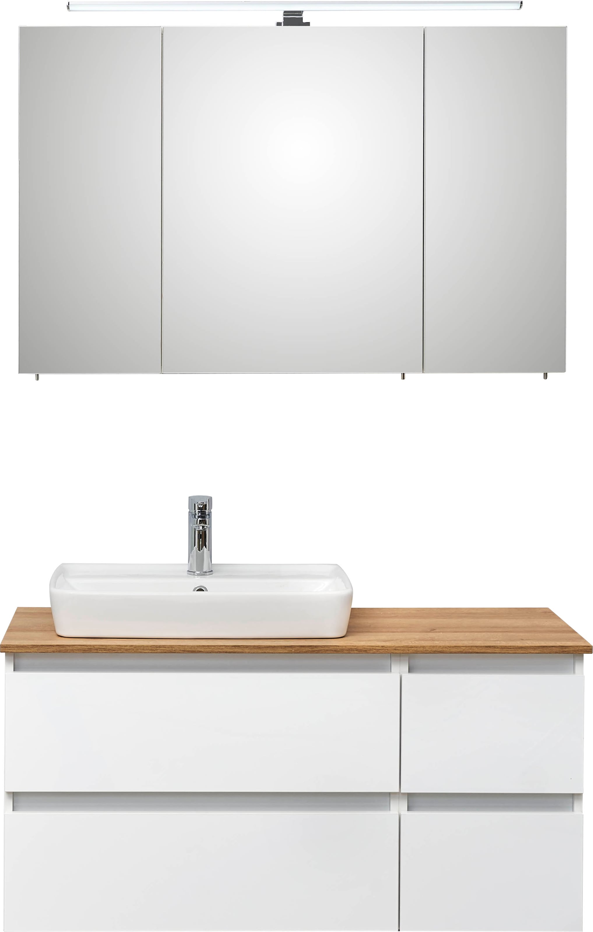 Saphir Badmöbel-Set »Quickset 360 2-teilig, Keramik-Aufsatzbecken mit LED-Spiegelschrank«, (2 St.), Waschtischplatte, 115 cm breit, Weiß Glanz, 3 Türen, 4 Schubladen