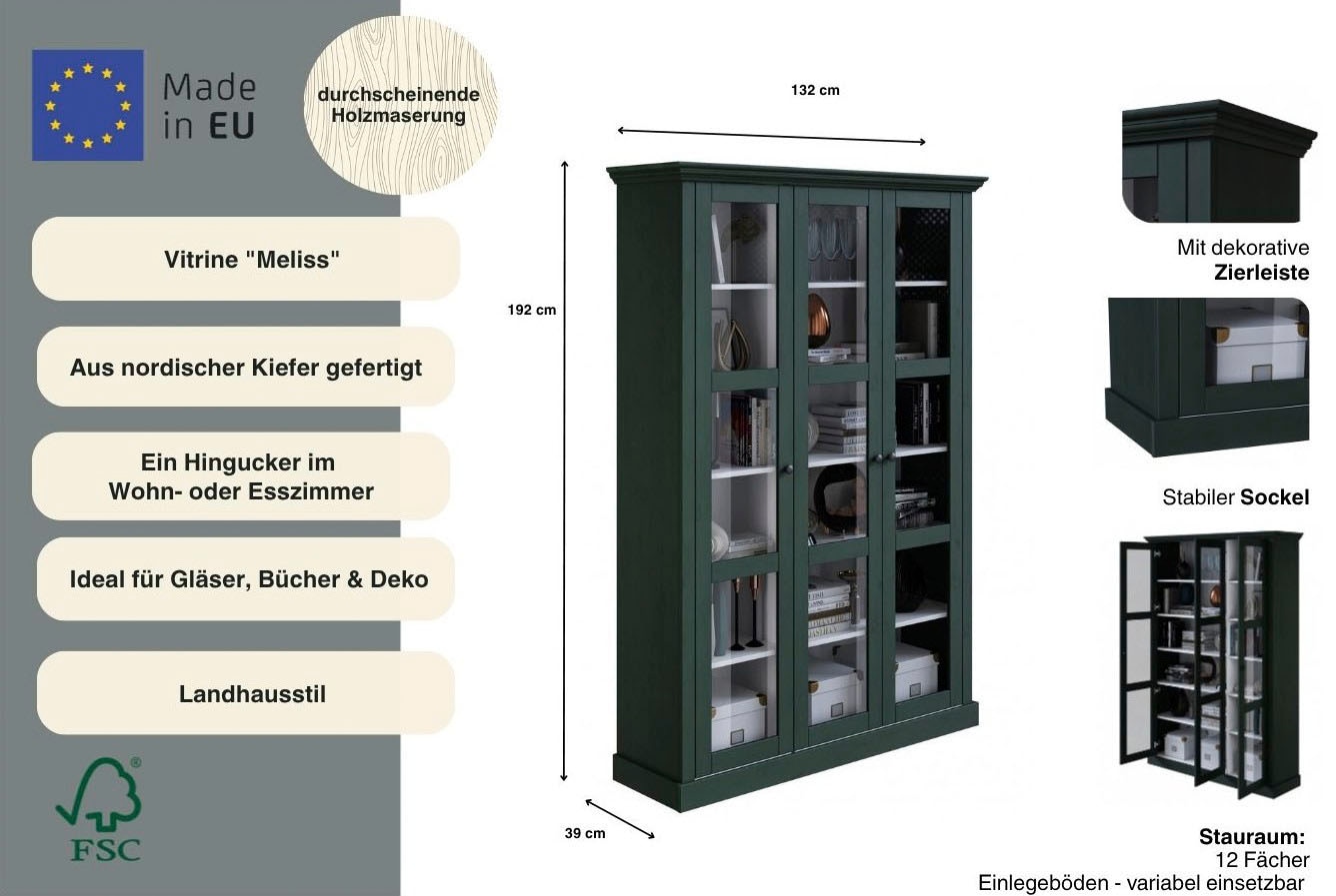 Home affaire Vitrine »Meliss« aus massiver Kiefer, mit viel Stauraum