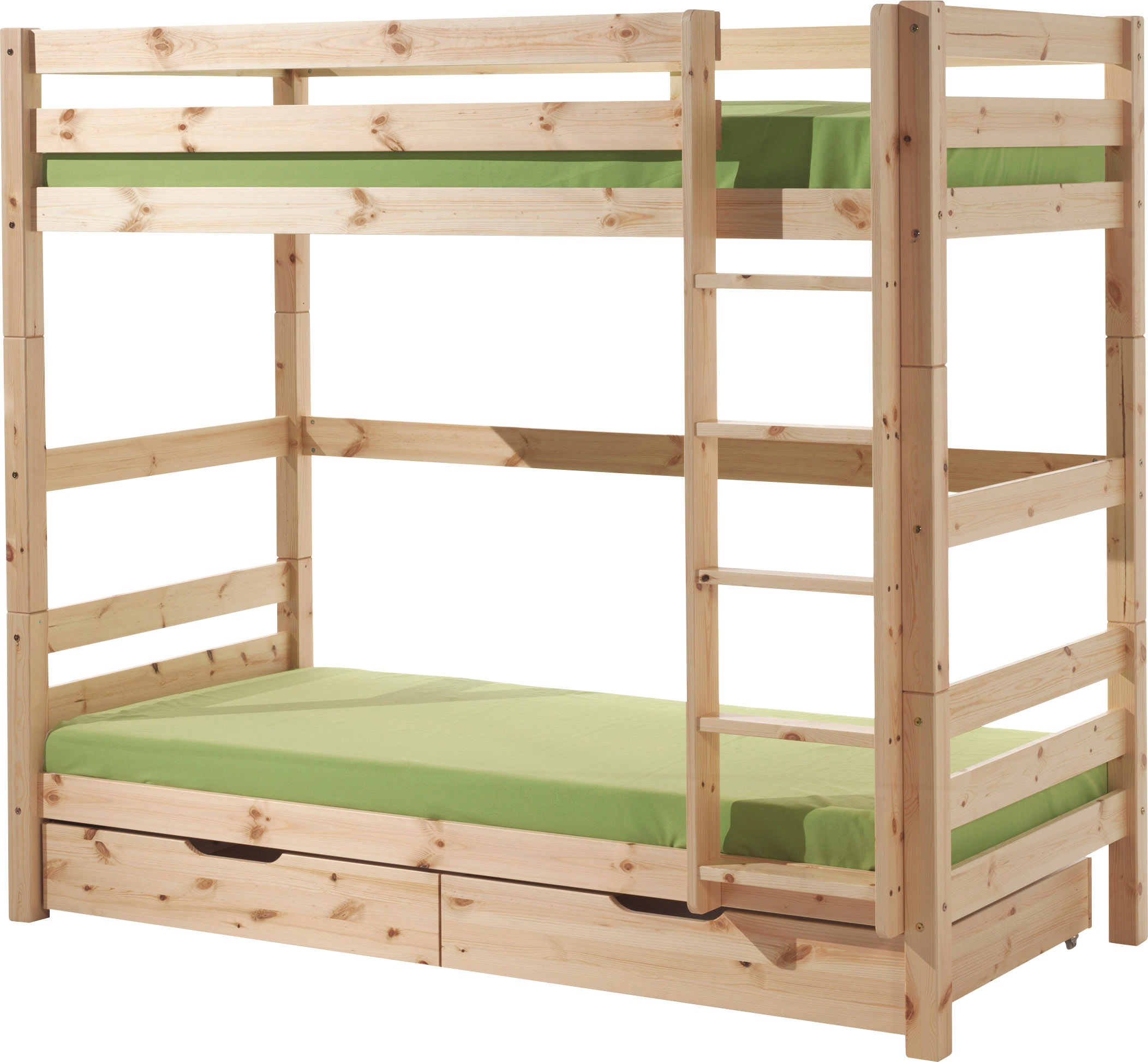 Vipack Etagenbett »Pino, inkl. Rolllattenrost, Leiter und Absturzschutz«, (B/H/T ca. 210x182x105cm, massiv Kiefer verschiedene Farben), wahlweise ohne Schublade, mit 1 großen, 2 kleinen Bettschubladen