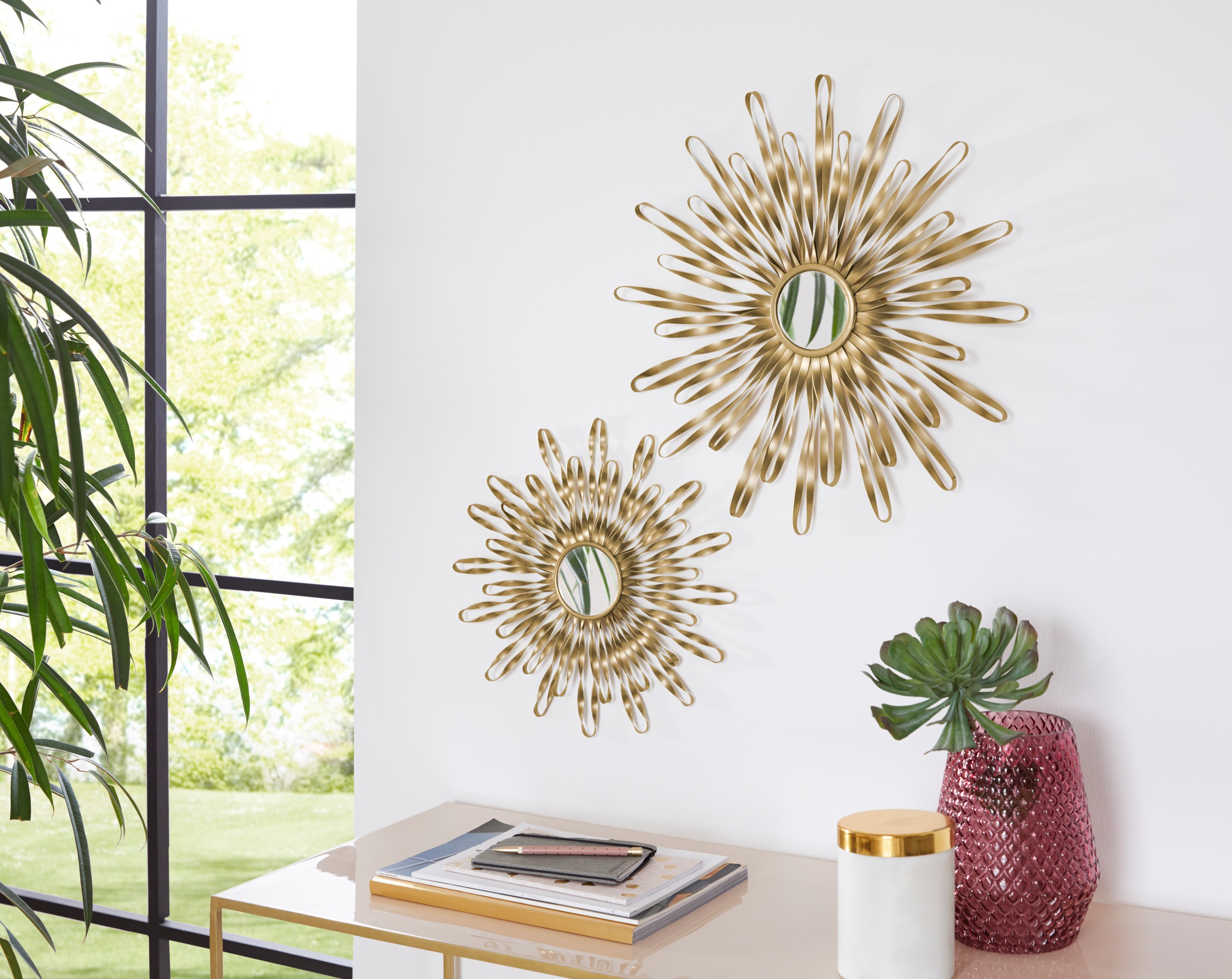 OTTO home Wanddekoobjekt "Sonne, im 2er Set: 35 und 46cm" Wanddekoration aus Metall mit kleinem Spiegel in der Mitte