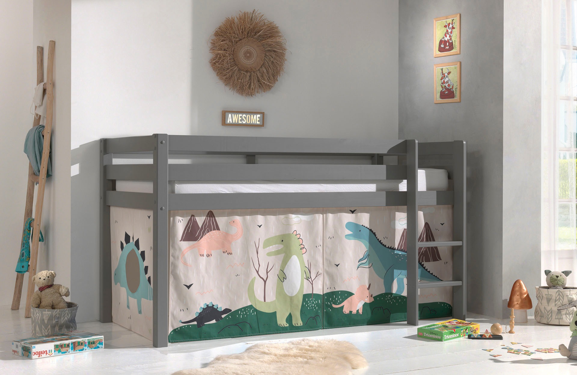 Vipack Spielbett "Pino, Kiefer massiv, mit Rolllattenrost u. Textil-Set, Ma günstig online kaufen