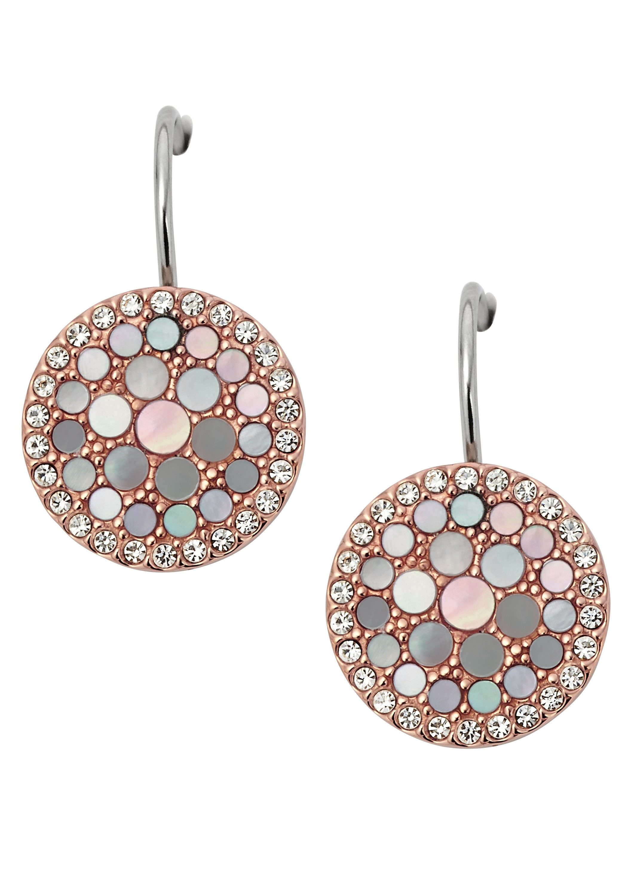 Paar Ohrhaken FOSSIL "Schmuck Edelstahl Ohrringe Disc Drop Vintage Glitz", rosa (roségoldfarben, edelstahlfarben, perlmuttfarben, kristallweiß, kristallweiß), Ohrringe, Damen, Edelstahl, mit Glasstein - mit Perlmutt 2