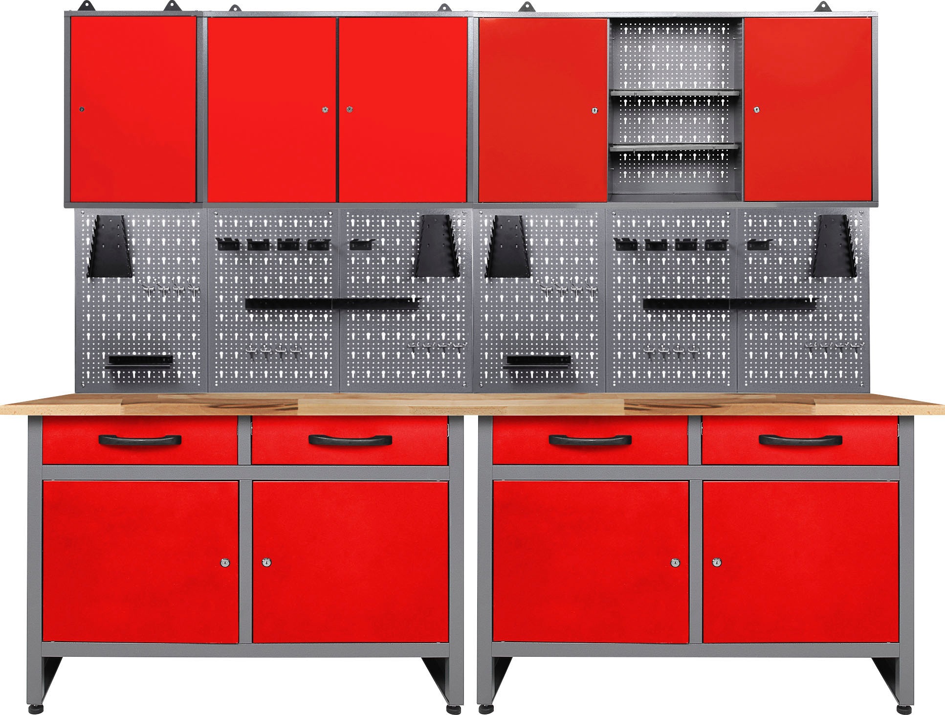ONDIS24 Werkstatt-Set, B:240cm H:205cm T:60cm, rot, Werkbänke, 240 cm